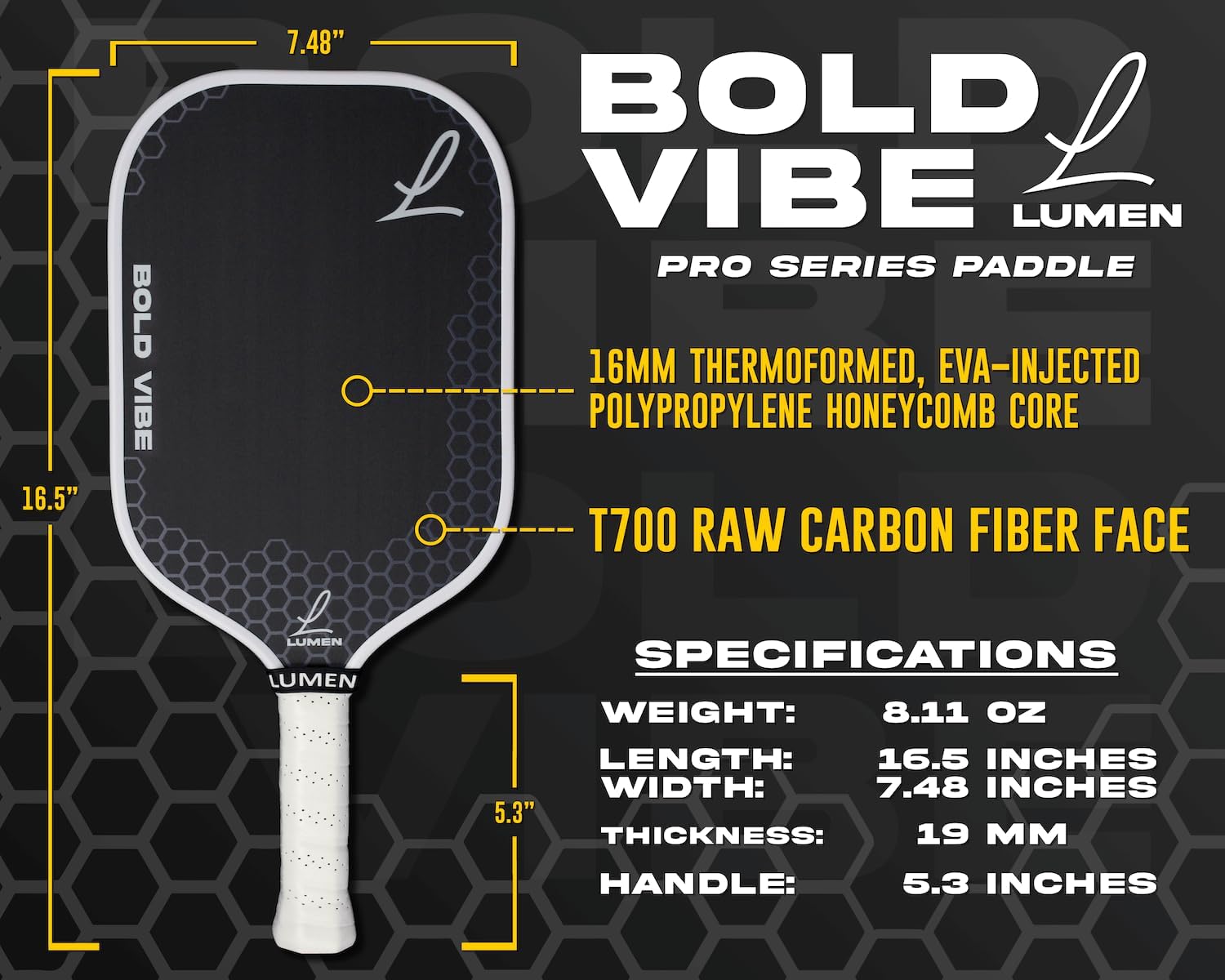 Bold Vibe Raw T700 Carbon Fiber Pickleball Paddle – Thermoformed Foam Edge Paddle for Spin & Control – USAPA Approved – EVA Honeycomb Core – Includes Paddle Cover