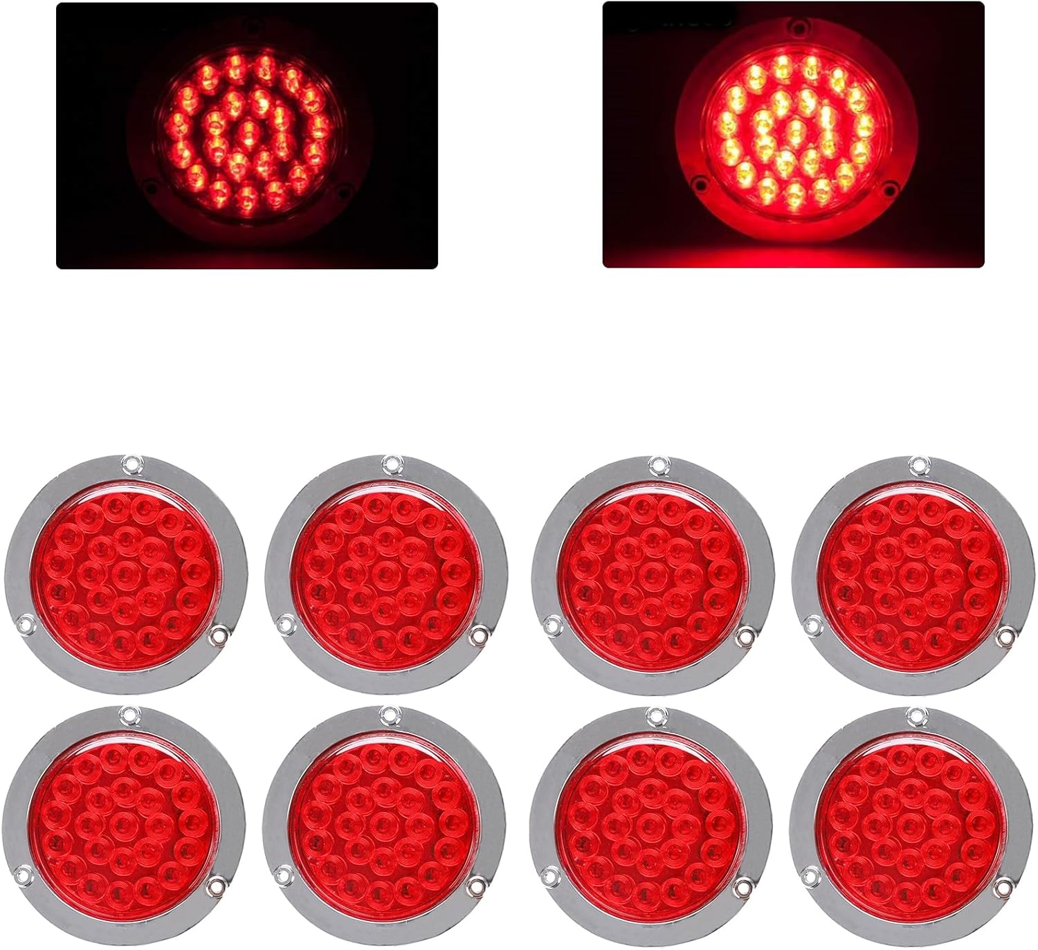 BLACKHORSE-RACING 8PCS 4" Round 24 LED Truck Trailer Stop Turn Tail Brake Lights w/Chrome Grommet, Universal Fit Vehicles with DC 12V