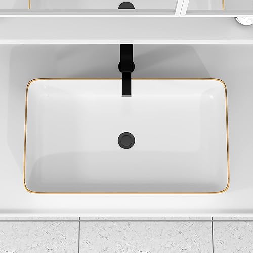 Miniatura 50 de Fregadero de baño de 19 x 15 pulgadas con grifo y desagüe desplegable – Porcelana negra mate rectangular sobre mostrador moderno lavabo de arte