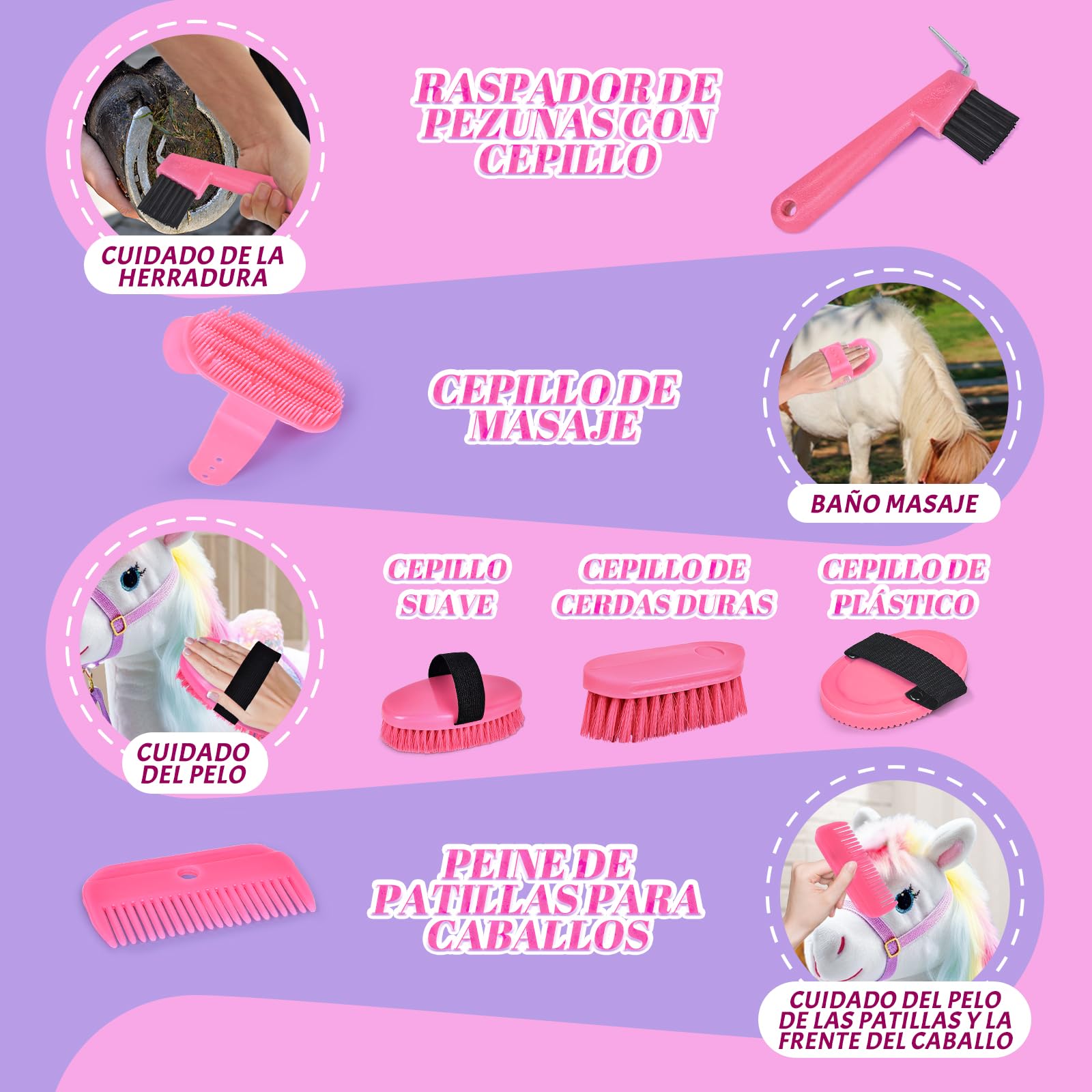 Joellfuner Kit de Cuidado para Caballos con Bolsa, Juguetes de Aseo para Niños, Accesorios para Caballos con Cepillo de Masaje, Raspador de Cascos con Cepillo