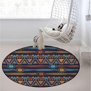 Multi Round Area Rug Classic Non-Slip Machine Washable Room Mat Durable Kitchen Rug Traditional Area Rug for Living Room, Tribal Style Motif with Sun Figure Ancient Diameter 43.3 in