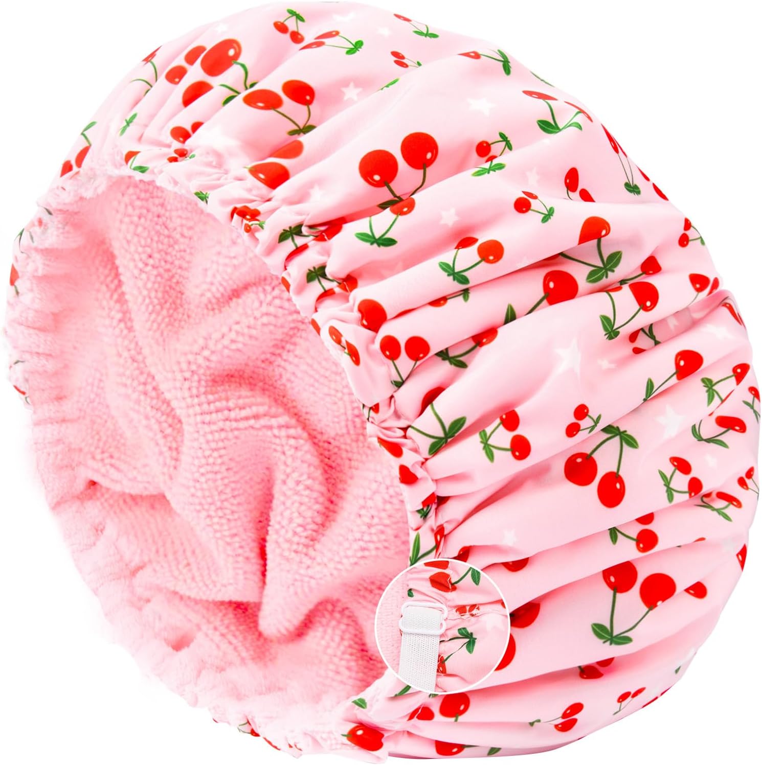 Shower Cap for Women Terry Lined Bath Cap Large Reusable Waterproof Elastic Band Pink Shower Caps for Long Thick Hair Soft Bath Shower Hair Caps
