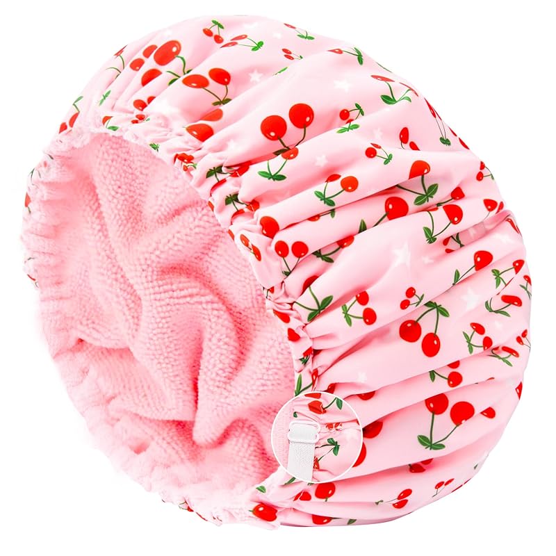 Touca de banho Aileam com forro atoalhado, estampa de cerejas e faixa elástica, rosa