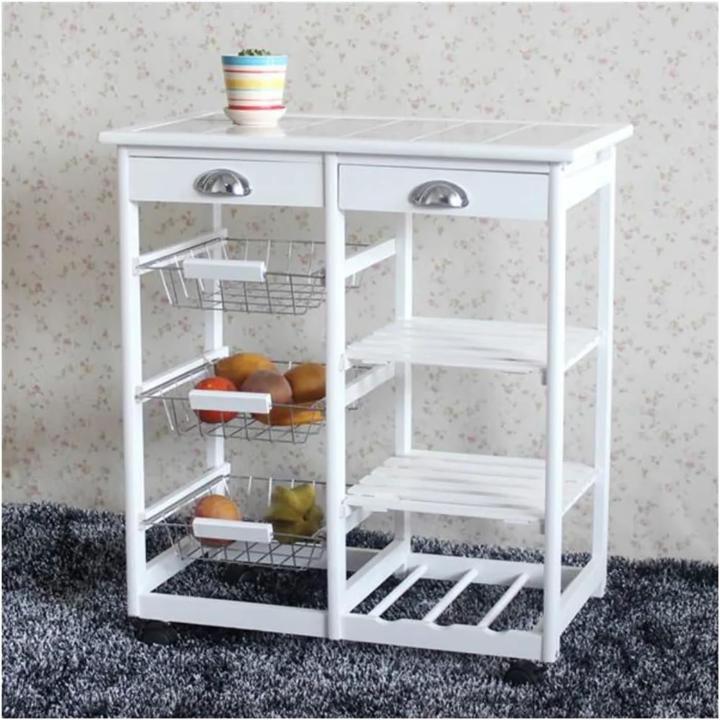 Storage Trolley Kitchen & Dining Room Cart with 2-Drawer,3-Shelf Storage Rack with Rolling Wheels,Ease of Mobility Shelving Organizer