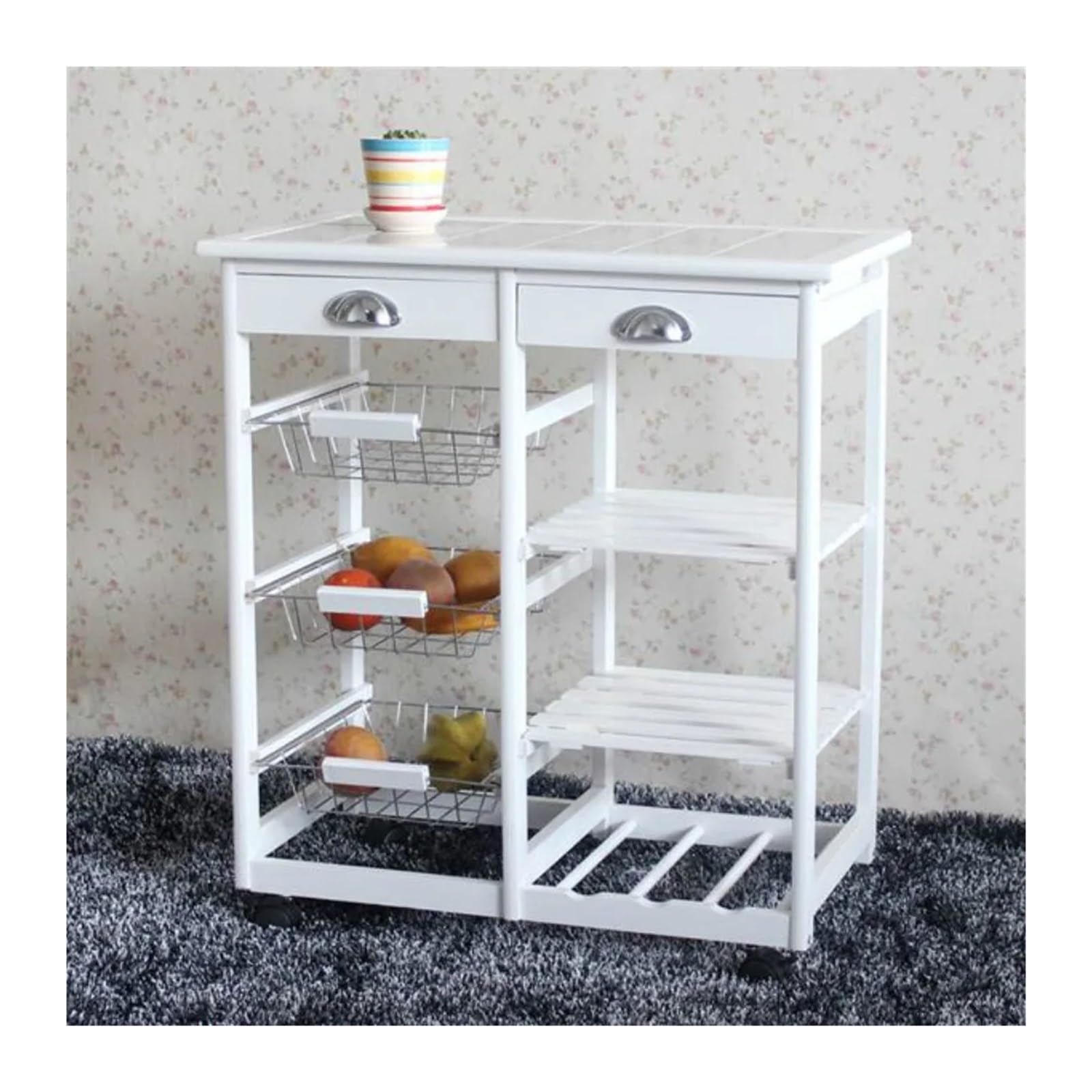 Carrello Multiuso da Cucina Carrello for Cucina e Sala da Pranzo con 2 cassetti, scaffale a 3 Ripiani con Ruote girevoli, facilità di Mobilità Carrello di Servizio