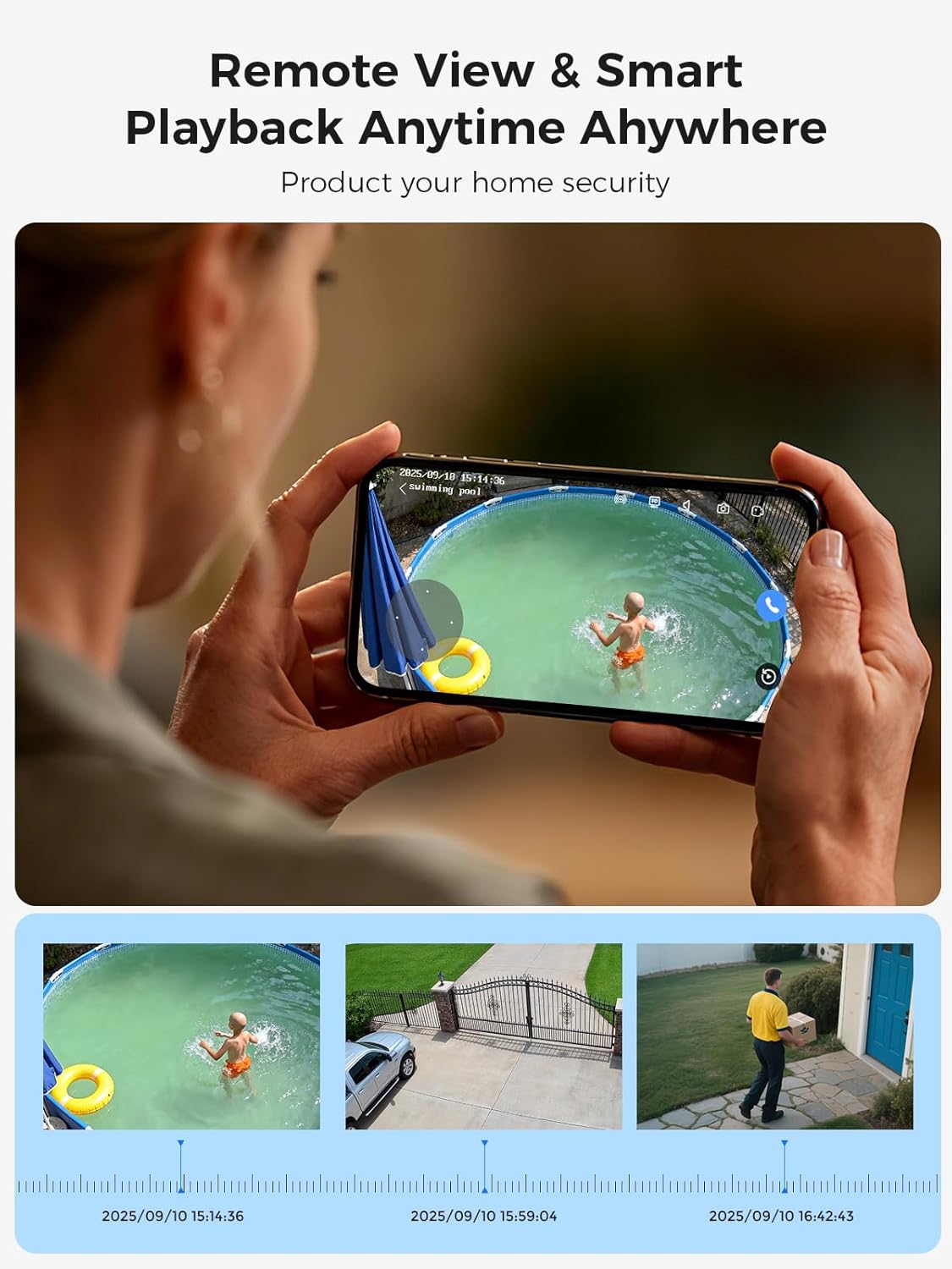 Remote view and smart playback on a smartphone showing recorded events