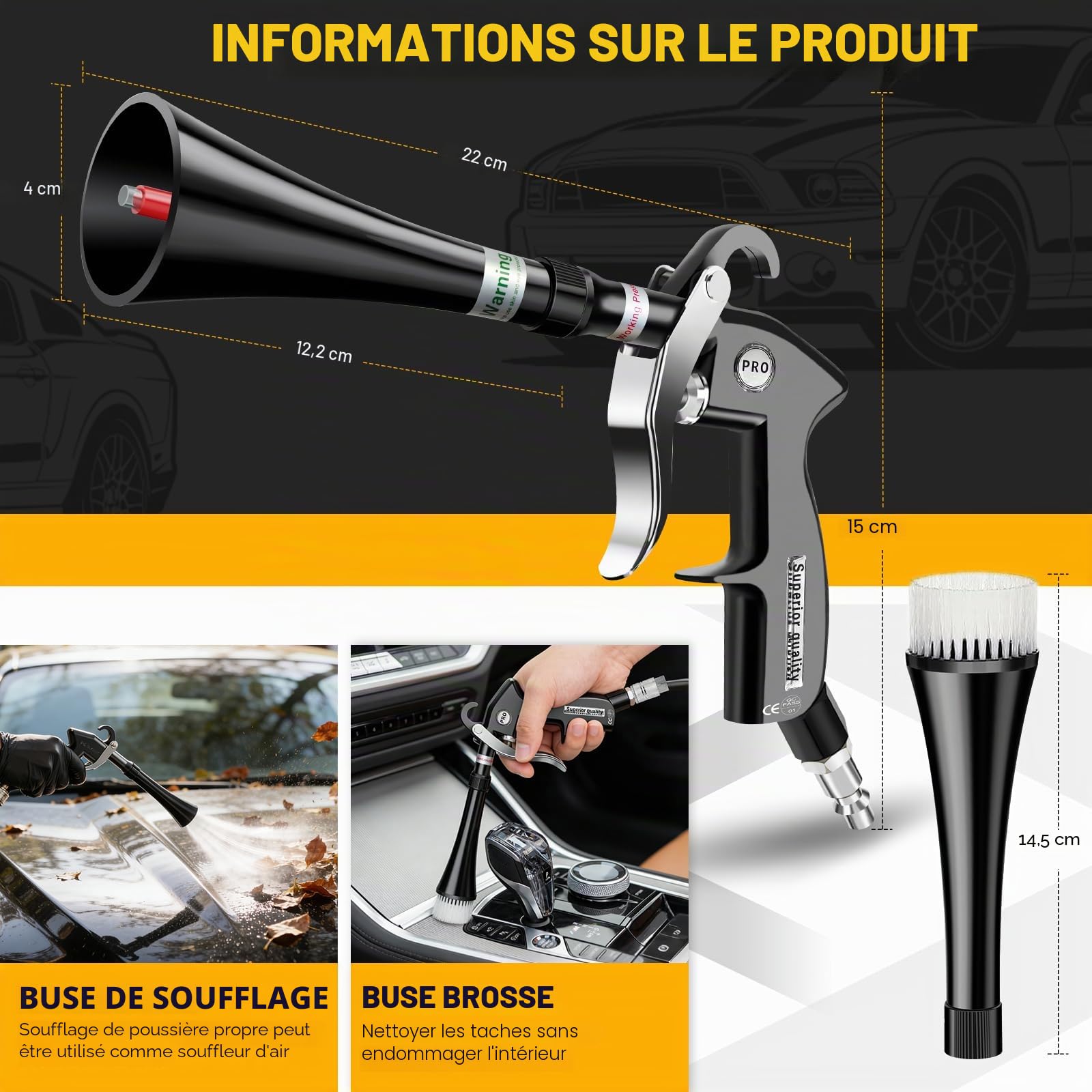 Pistolet de nettoyage à sec, pistolet de nettoyage pour l'intérieur de voiture, séchoir d'intérieur, outils d'entretien automobile avec 2 buses 2 tuyaux en plastique pour éliminer la saleté