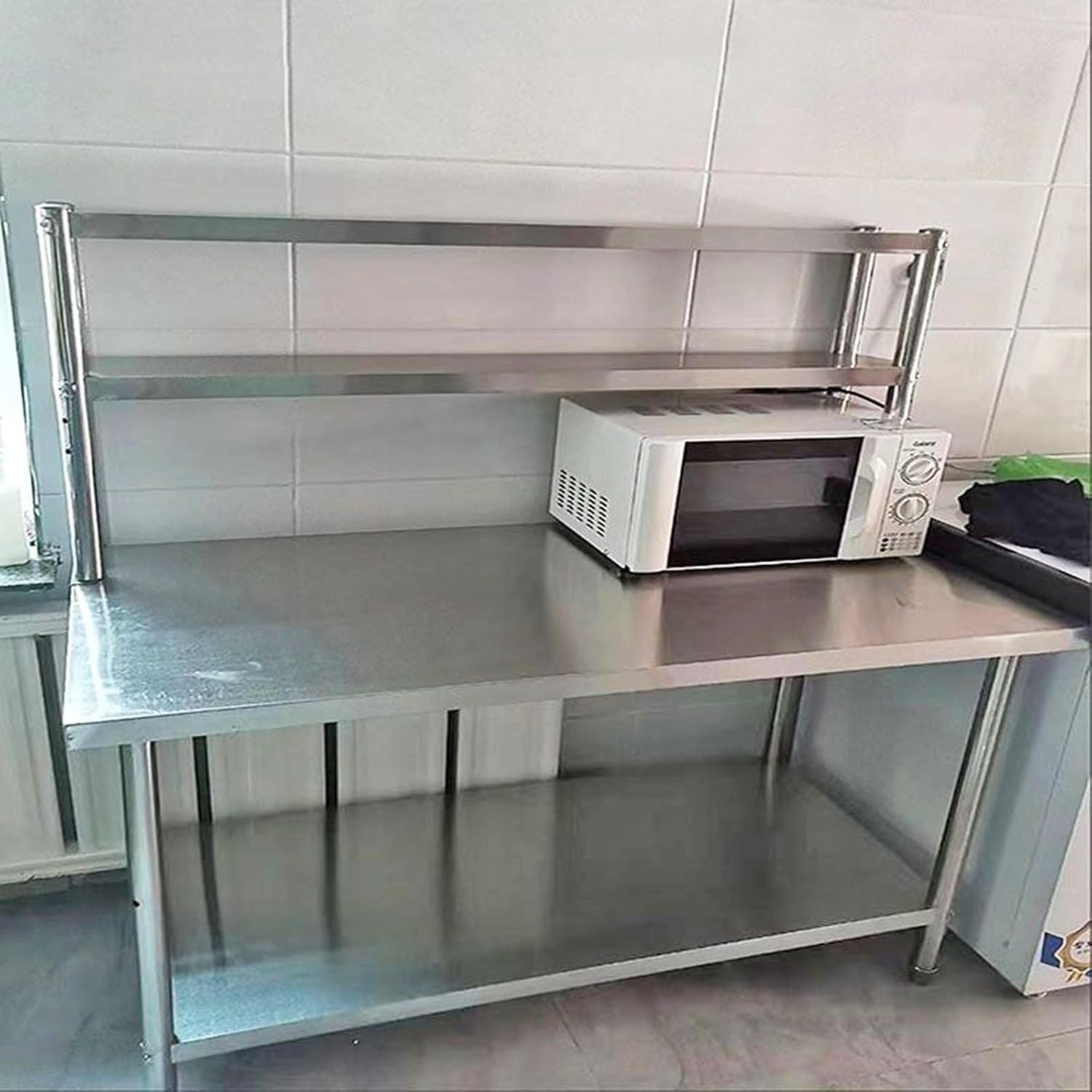 Metal Prep Table with Storage, Stainless Steel Operation Desk Worktable for Commercial Restaurant Home Kitchen, Workbench Countertop and 2 Adjustable Tier Overshelves(160cm/63" H,150x70cm/59x27.6")