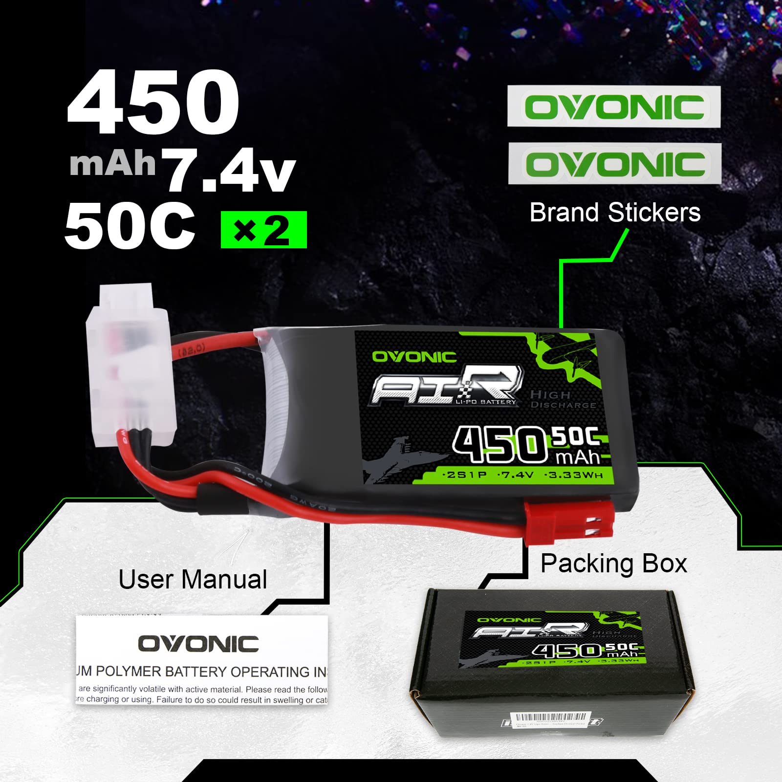 2PCS 7.4V 500mAh 30C Lipo batteria con spina JST-2P adatto per elicotteri RC, quadcopter, piccoli aerei, micro FPV droni da corsa, auto RC, camion e veicoli ad alta velocità