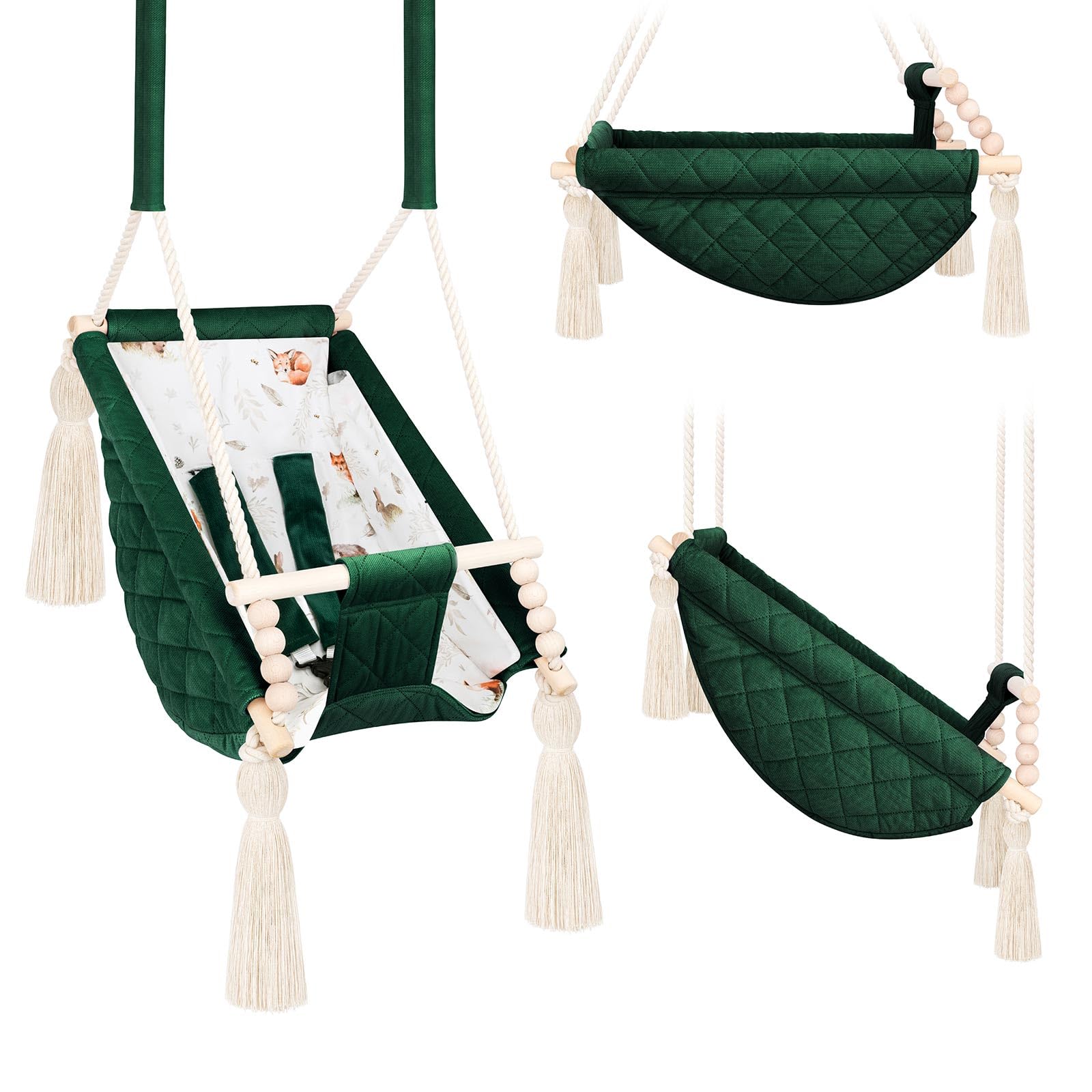 Altalena Bambino Verde Salvia Velluto, Amaca Interna 2m+, Personalizzabile con Nome Ricamato, Made in Europa, Sedile Appeso Sicuro 25kg