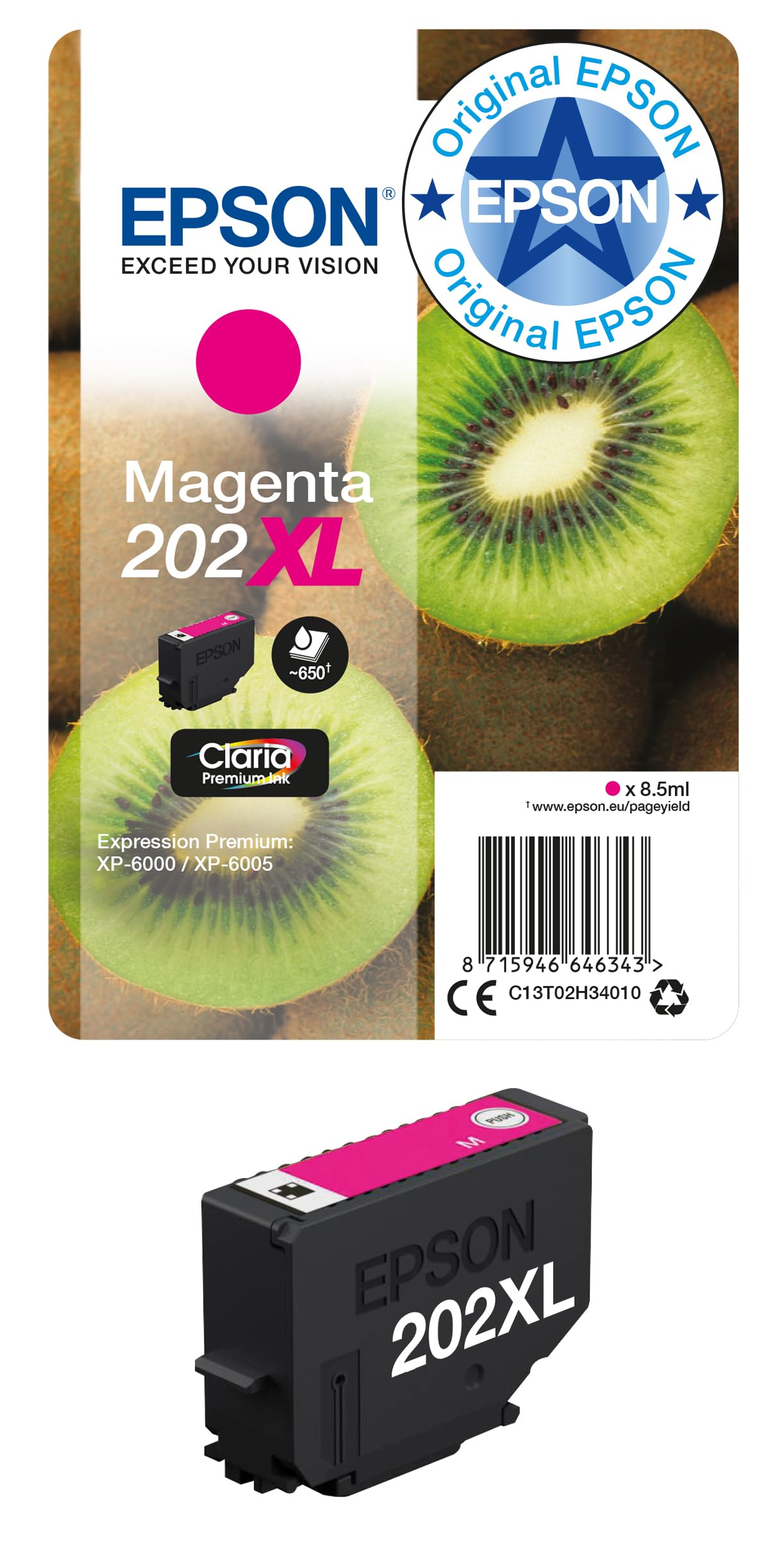 Epson 202XL Magenta Kiwi High Yield Genuine, Claria Premium Ink Cartridge, XL High Capacity