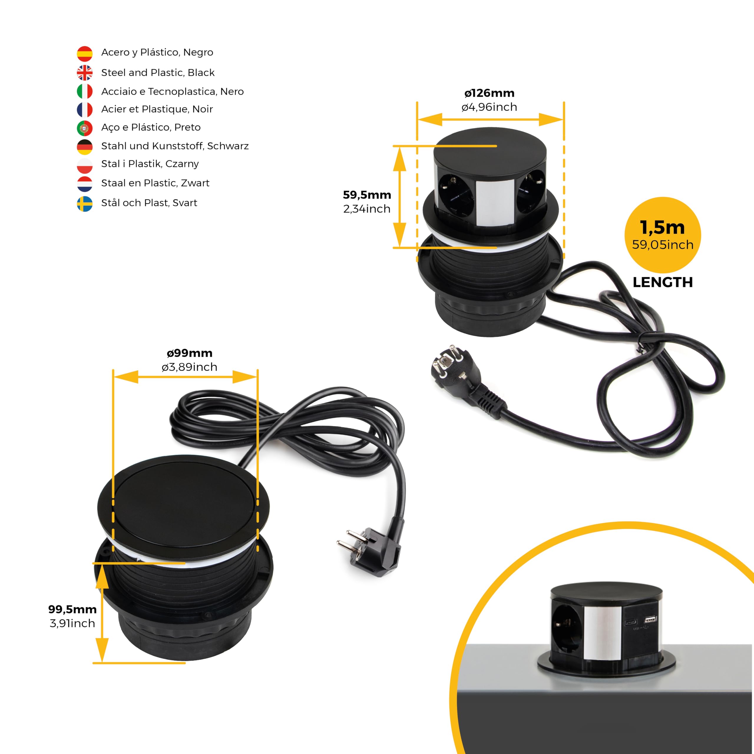 Emuca - Multiconnettore Vertikale Push diametro 100mm, 3 spine di tipo Schuko, 1 USB A, 1 USB C, Acciaio e Tecnoplastica, Verniciato Nero