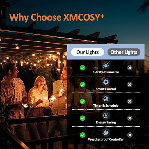 Miniatura 8 de XMCOSY+ Guirnalda de luces inteligentes para exteriores, luces de patio G40 de 75 pies con 34 bombillas LED regulables, control WiFi y aplicación,