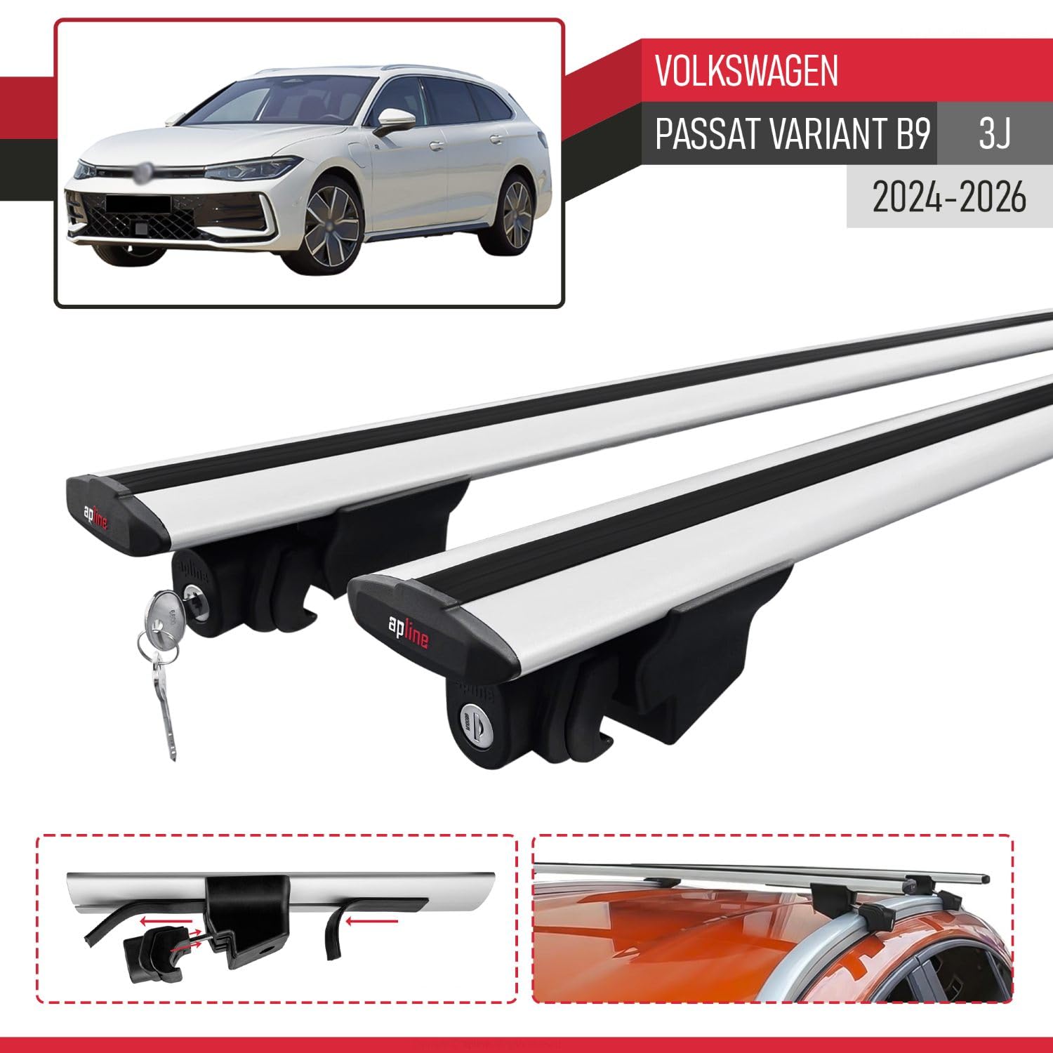 Compatibile con Volkswagen Passat Variant B9 (3J) 2024-2026 Modello HOOK Barre Tetto Portapacchi Auto Barre Portatutto Grigio Alluminio 2 Barre