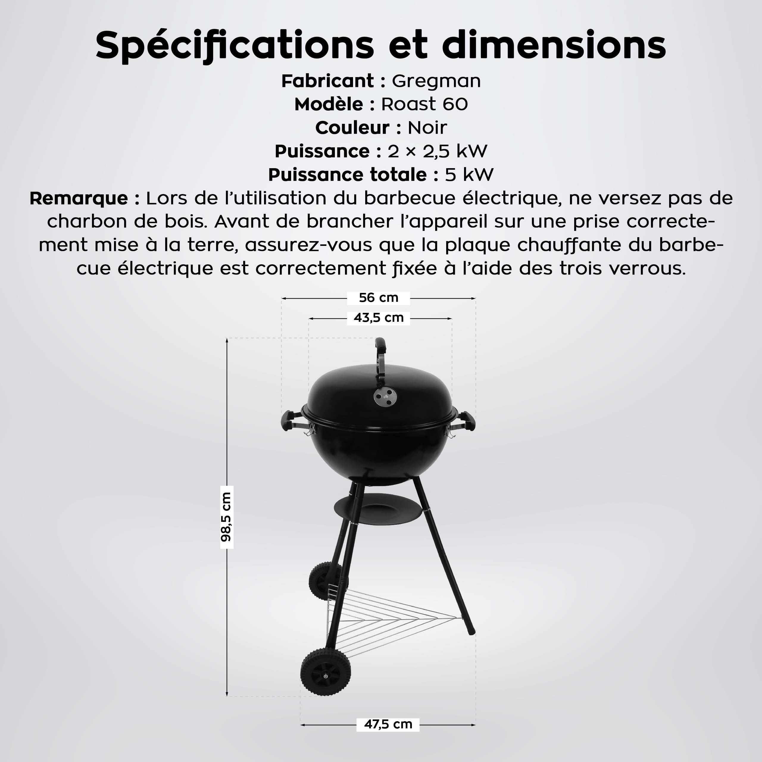 GREGMAN Roast 60 Barbecue Électrique & Charbon 5 kW | Gril Hybride Extérieur avec Couvercle | Thermostat | Ventilation | Moins de Fumée | Facile à Nettoyer | Terrasse Jardin Balcon