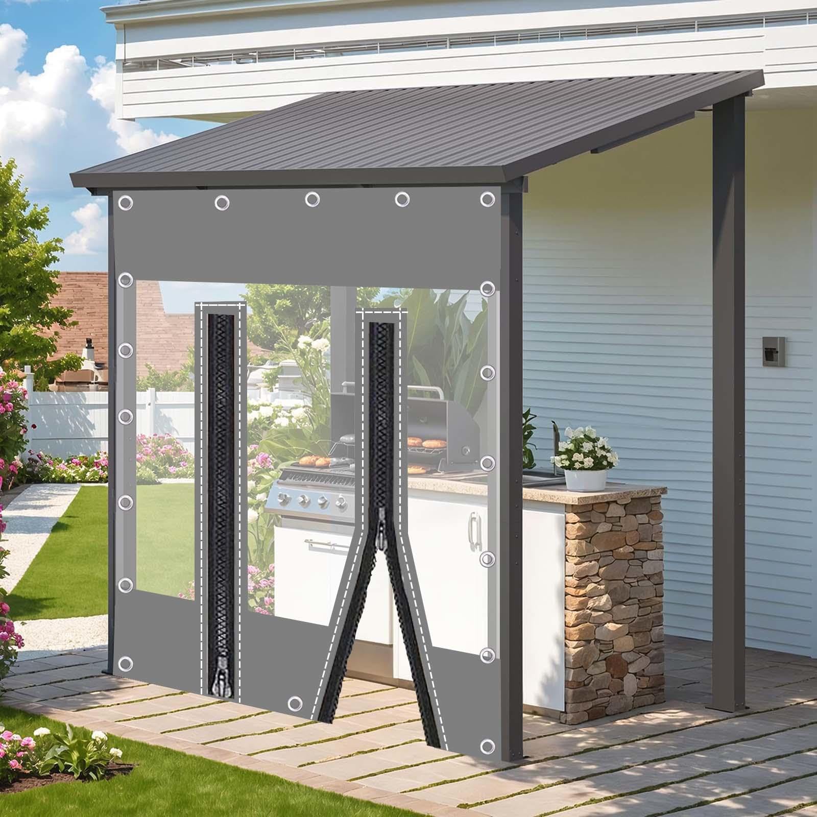Pxzybd W×H Grey Transparent Tarpaulin Side Panels,Outdoor Pergola Gazebo Waterproof Clear Tarp Curtains,0.3Mm Pvc Plastic Tarpaulin,Weatherproof Partition Curtains,With Zipper Door,-3×2.5M(9.8*8.2Ft)
