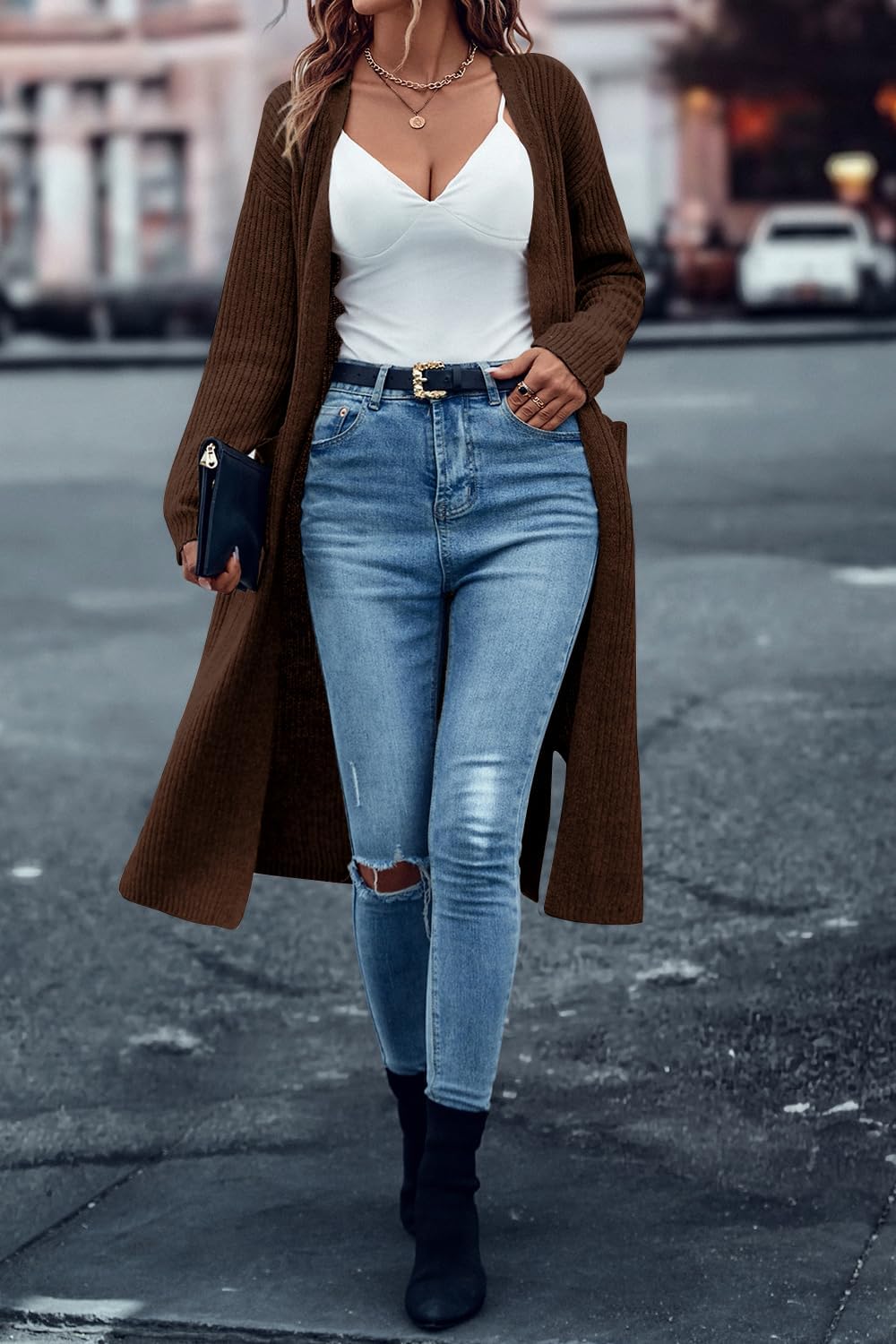 Danedvi Long Cardigan Sweaters for Women Ribbed Knit Open Front Long Sleeve Oversized Fall Casual Coat with Pockets - Image 2