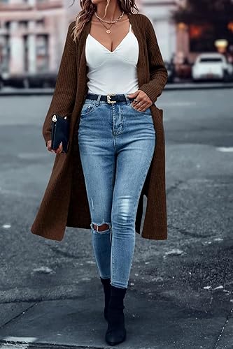 Miniatura 2 de Danedvi Cárdigan largo para mujer, de punto acanalado, frente abierto, manga larga, abrigo casual de otoño de gran tamaño con bolsillos