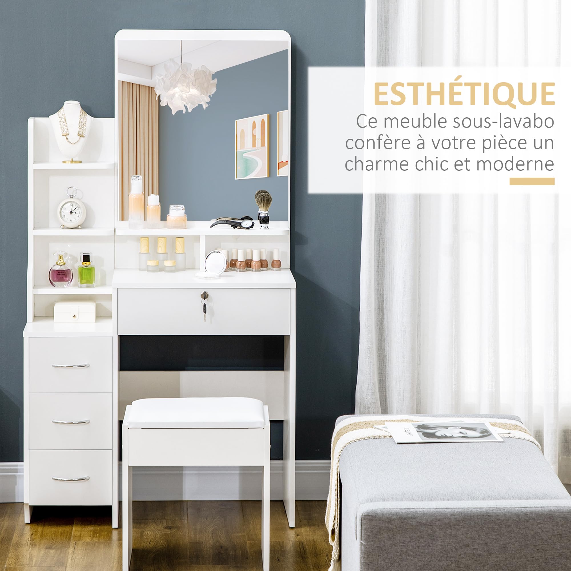 HOMCOM Ensemble de Coiffeuse Grand Miroir Tabouret Rembourré Blanc | Table de Maquillage, Plusieurs Étagères Ouvertes, 4 Tiroirs