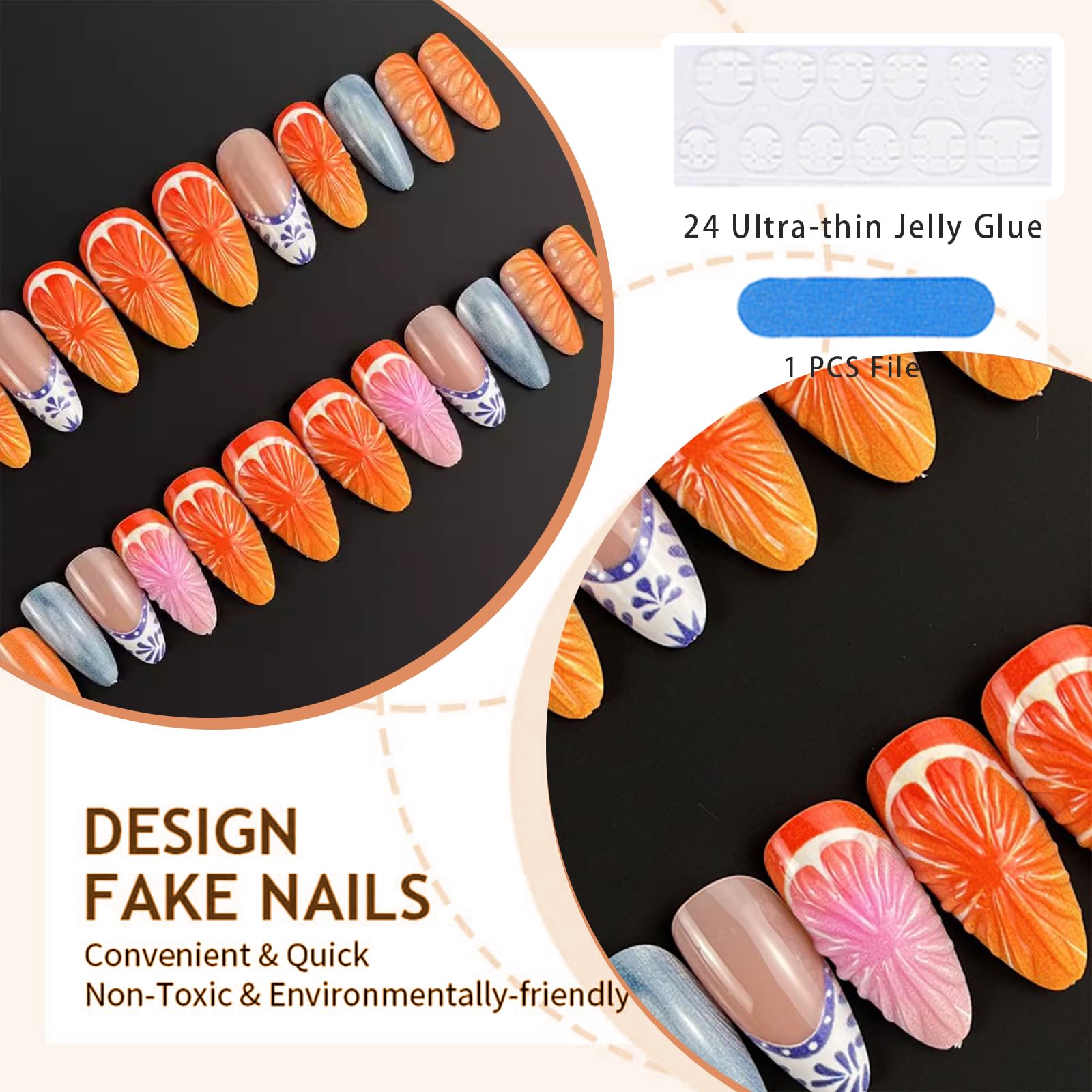 GlamRays 24 sztuki 3D owocowe naklejane paznokcie krótkie migdałowe letnie sztuczne paznokcie Stick On Nails French Nail Art Tips