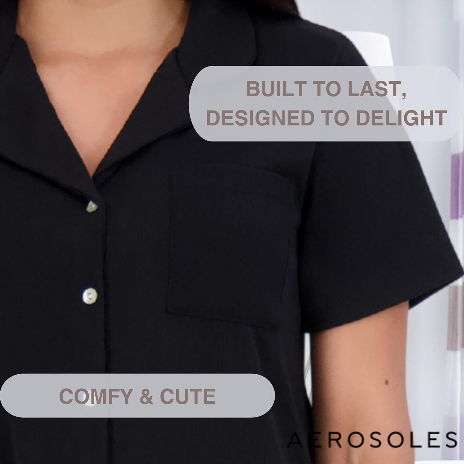 Aerosoles Women's Ribbed Notch Collar Cozy Pjs 2 Piece Soft Cozy Comfy Lounge dupe Cotton Sleepwear Button-up Pajama Set, Black, Large - Image 4