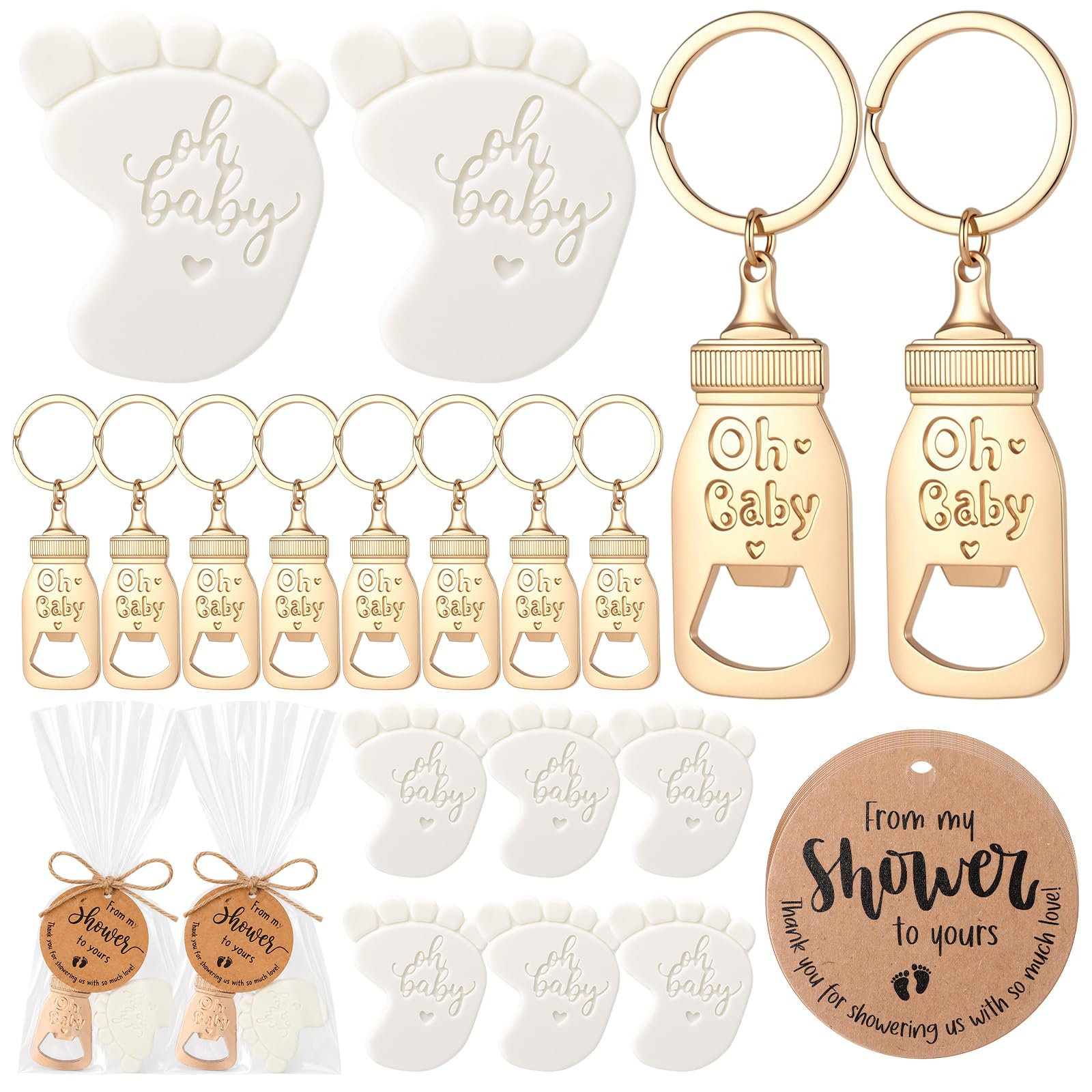 Vesici 25 juegos de recuerdos de baby shower para invitados, mini jabón perfumado hecho a mano con abrebotellas, llaveros y tarjetas de agradecimiento para ducha, revelación de género, regalos de