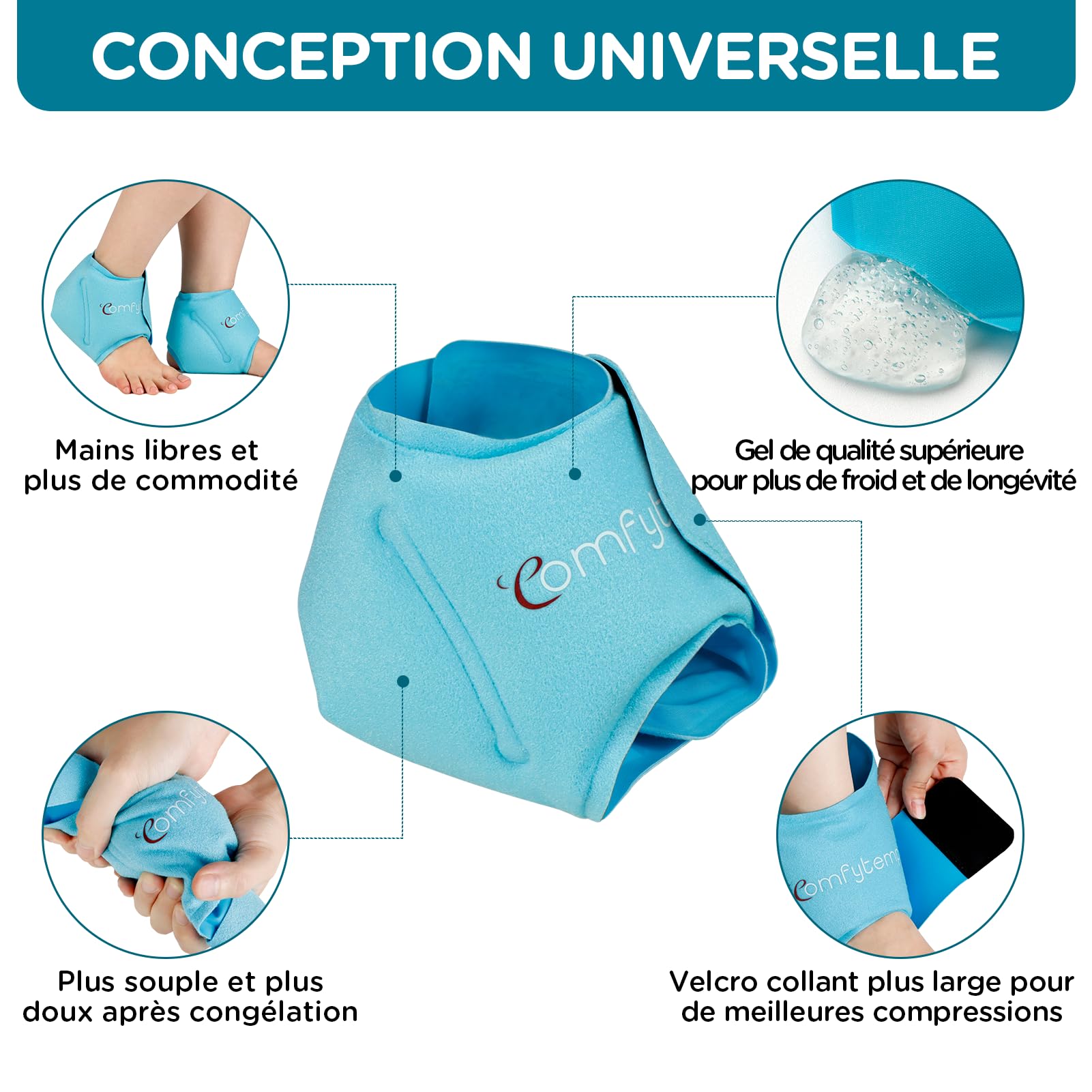 Comfytemp 2 Unité Poche de Glace pour le Gonflement de Cheville, Fasciite Plantaire, Soulagement la Douleur du Pieds, Packs de Gel Réutilisables, Compression Chaud et Froid pour Tendinite d'Achille