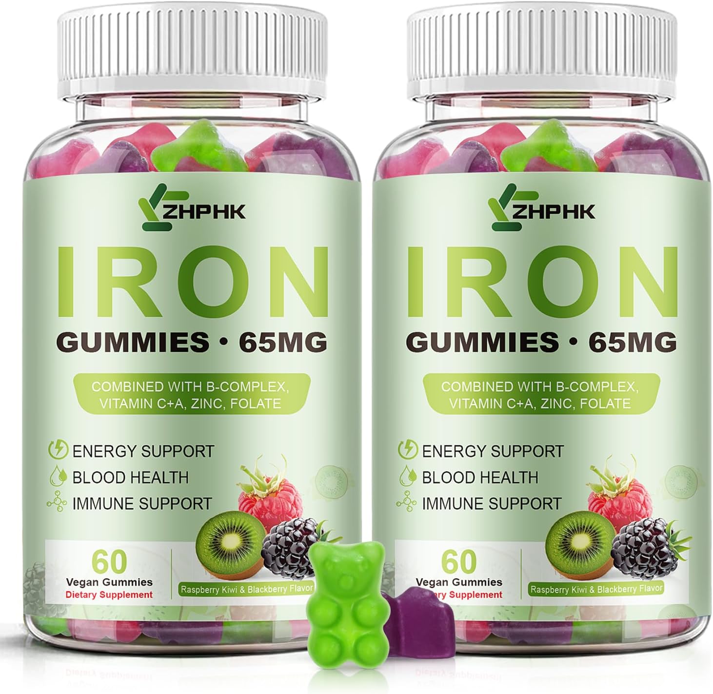 Iron Gummies for Women Men Vitamin Supplement 65mg & Vitamin C 250mg Per Serving with B6 B12 Folate- Energy Support for Iron Deficiency, Anemia, Vegan Raspberry Kiwi & Blackberry Flavor, 120 Gummies