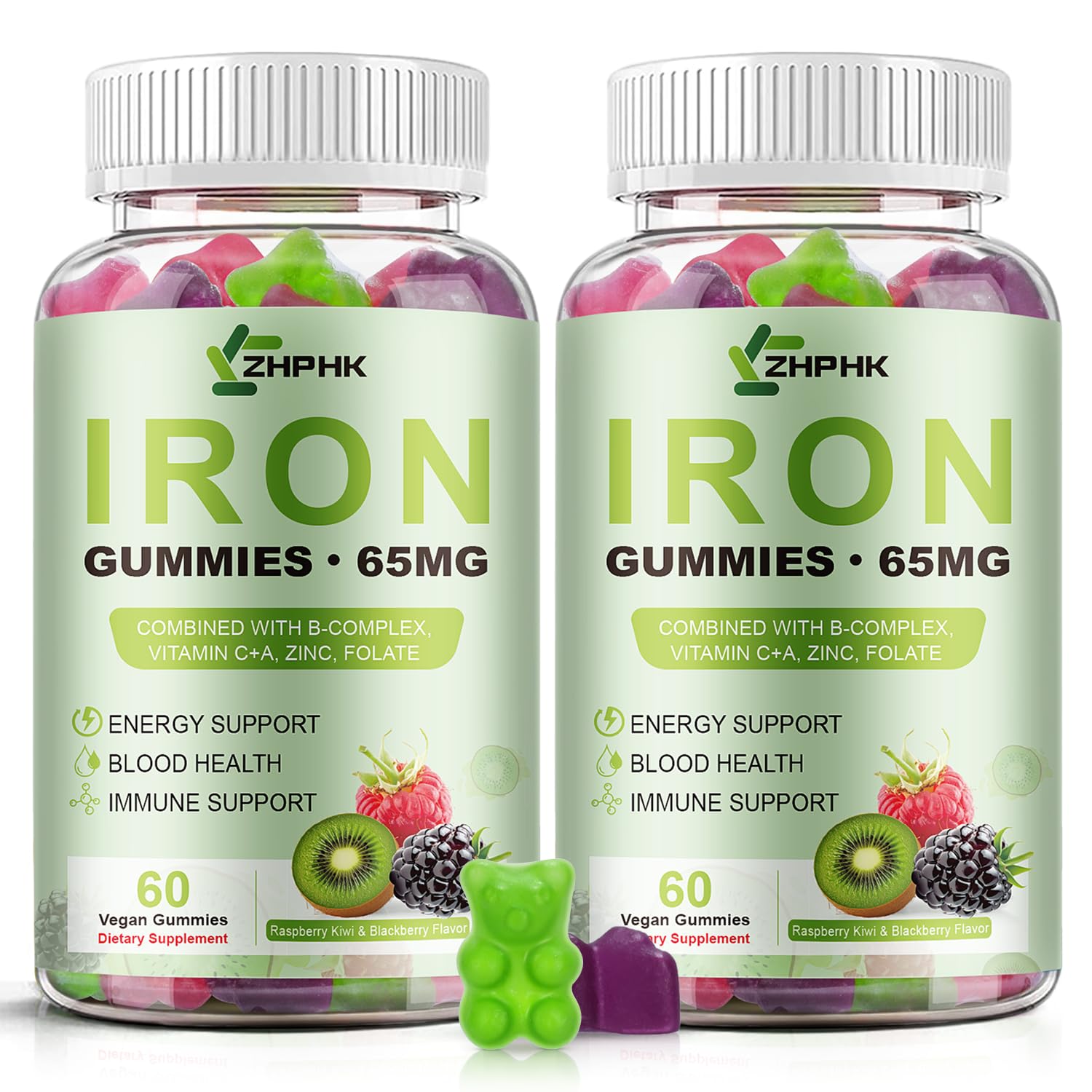 Iron Gummies for Women Men 65mg Iron & Vitamin C 250mg with B6 B12 Folate Raspberry Kiwi & Blackberry 60 Count (Pack of 2)