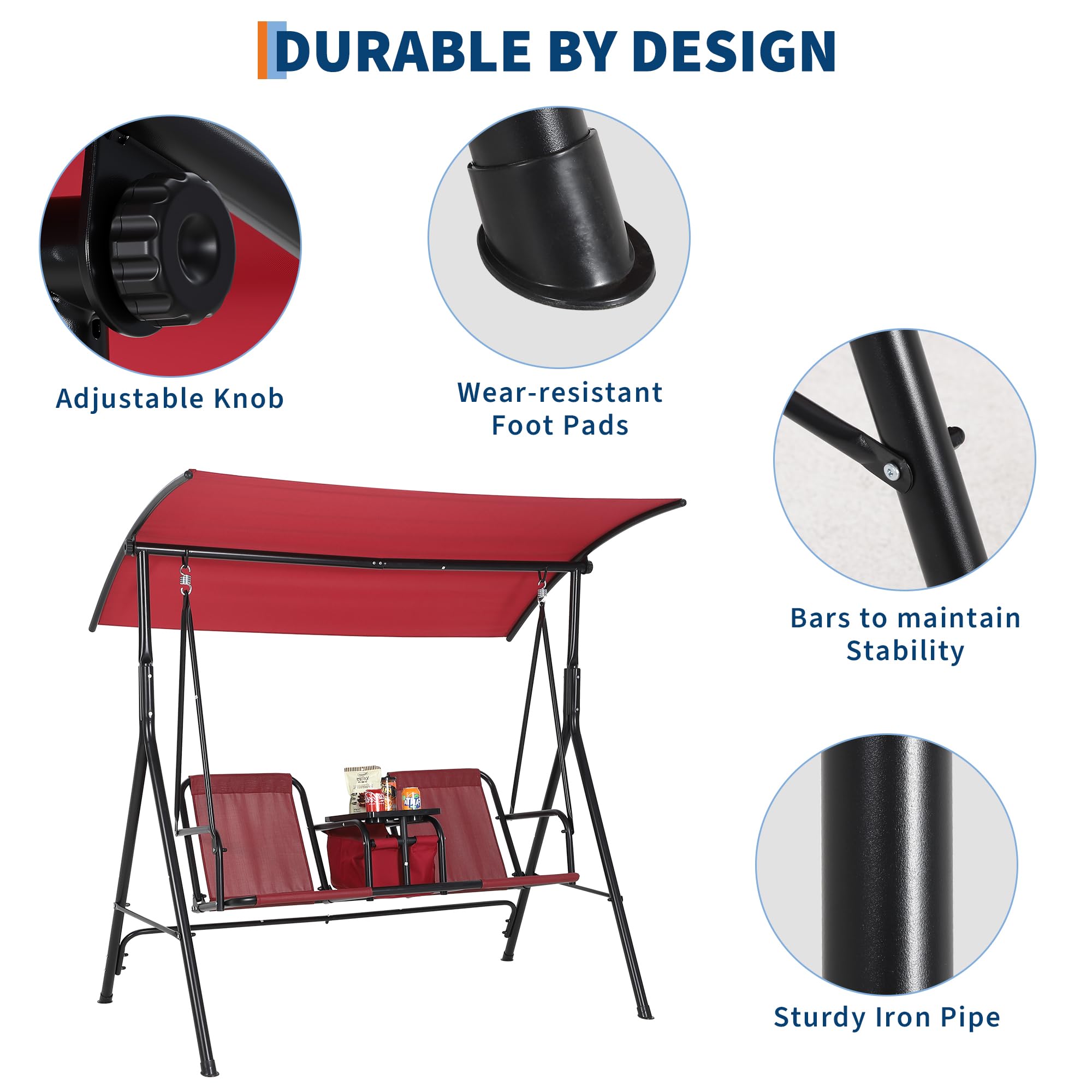 Balancelle de Jardin 2 Places avec auvent Ajustables,Balançoire de Jardin Extérieur avec 2 Porte-gobelets,Espace de Rangement,Mesh Respirant chaises,Cadre Acier,pour Jardin,Terrasse,Piscine(Rouge)