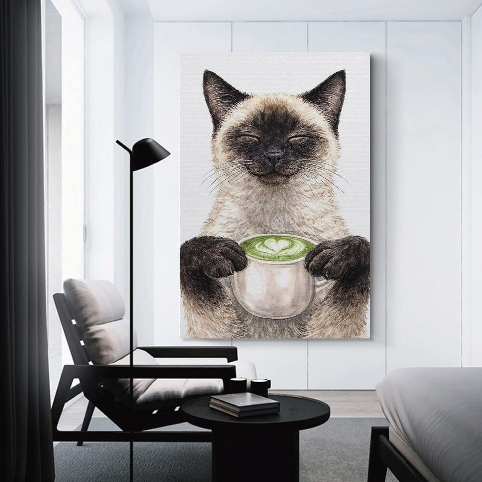 Junmoney Unframe-Style-12 Siamese Cat Holding Matcha Latte Wall Decor Canvas Print, 20X30inch(50X75cm), For Wall Displays, Bedrooms Or Room Updates, Wall Decor Suited To Curated Displays