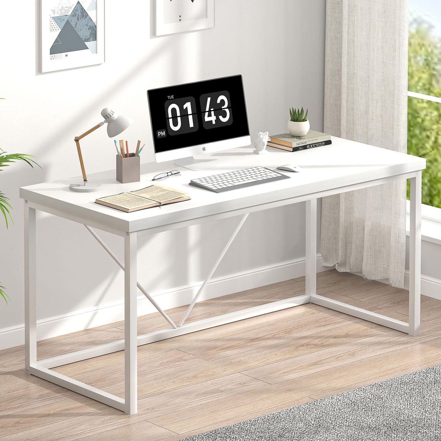 EXCEFUR Home Office Desk, Modern Wood Computer Desk, Wood Study Writing Table, Simple Gaming Executive Desk Workstation for Bedroom Living Room, White