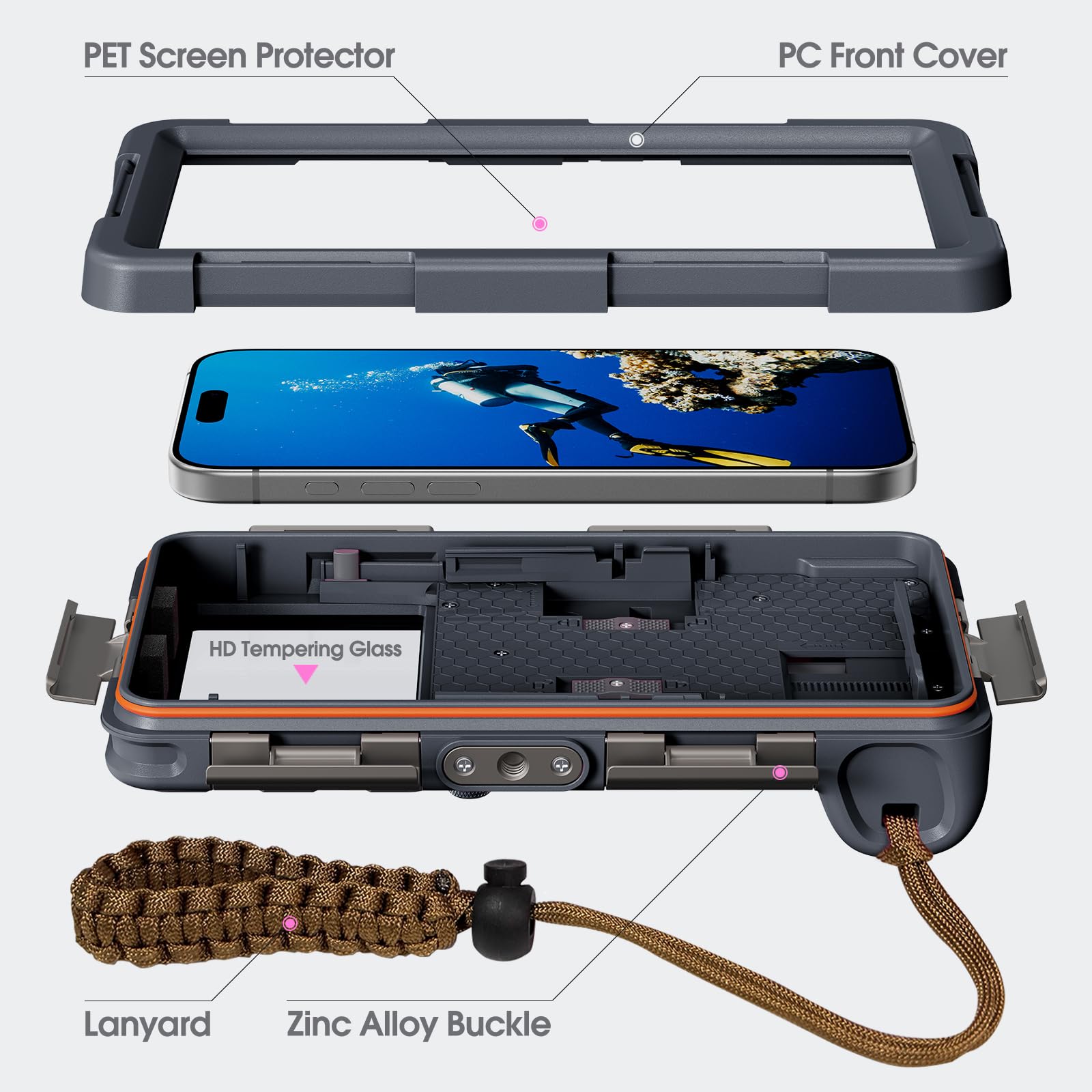 2025 - Funda para iPhone 16/15/14/13/12 Pro Max/XR/XS/X Galaxy S24/S23/S22.[15 pies] Funda impermeable profesional de buceo submarino para fotos y vídeos, color marrón