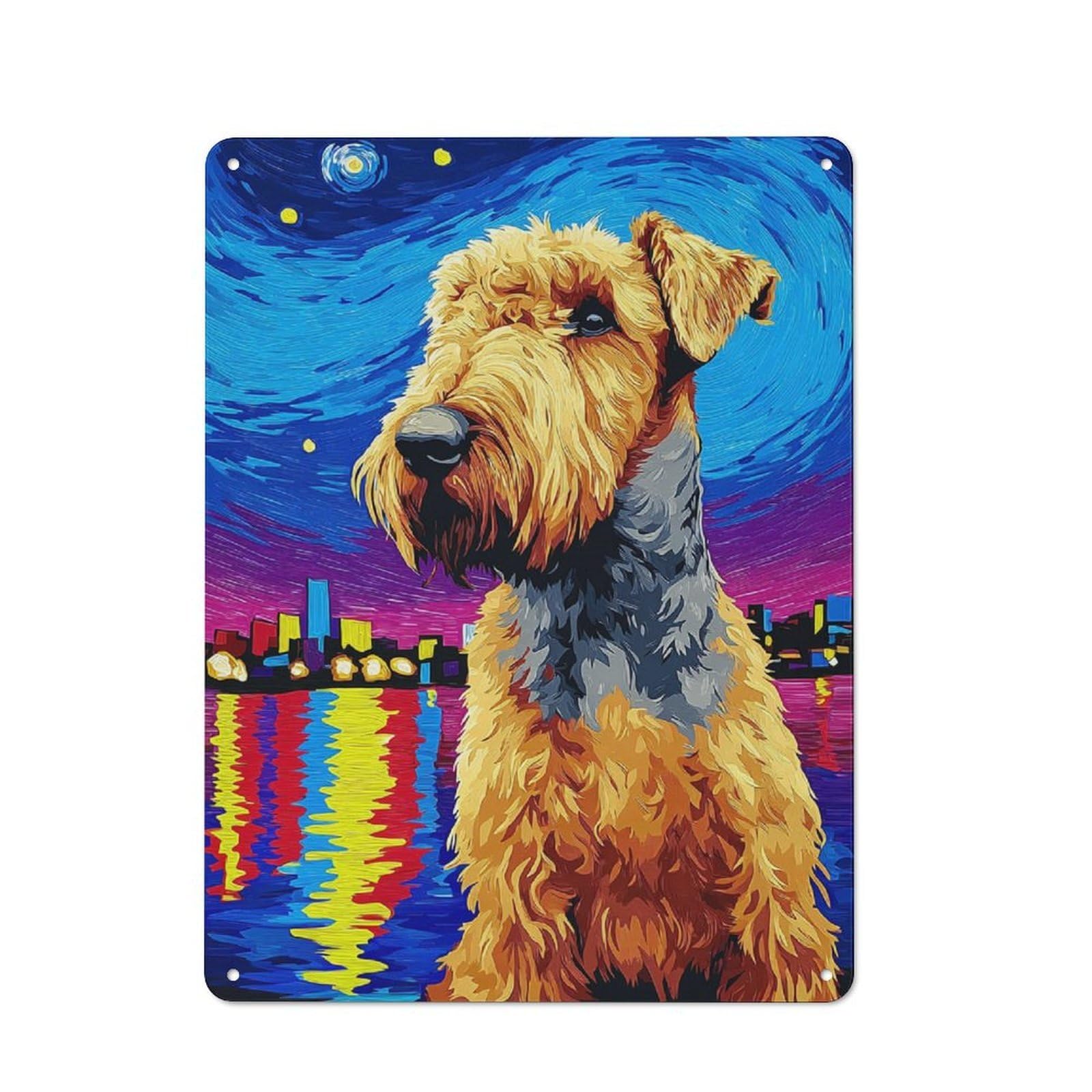 Junmoney Cityscape With Golden Dog Loft Style Metal Wall Decor 40X30cm, Decorative Metal Plaque For Loft, Studio, Office Or Creative Room