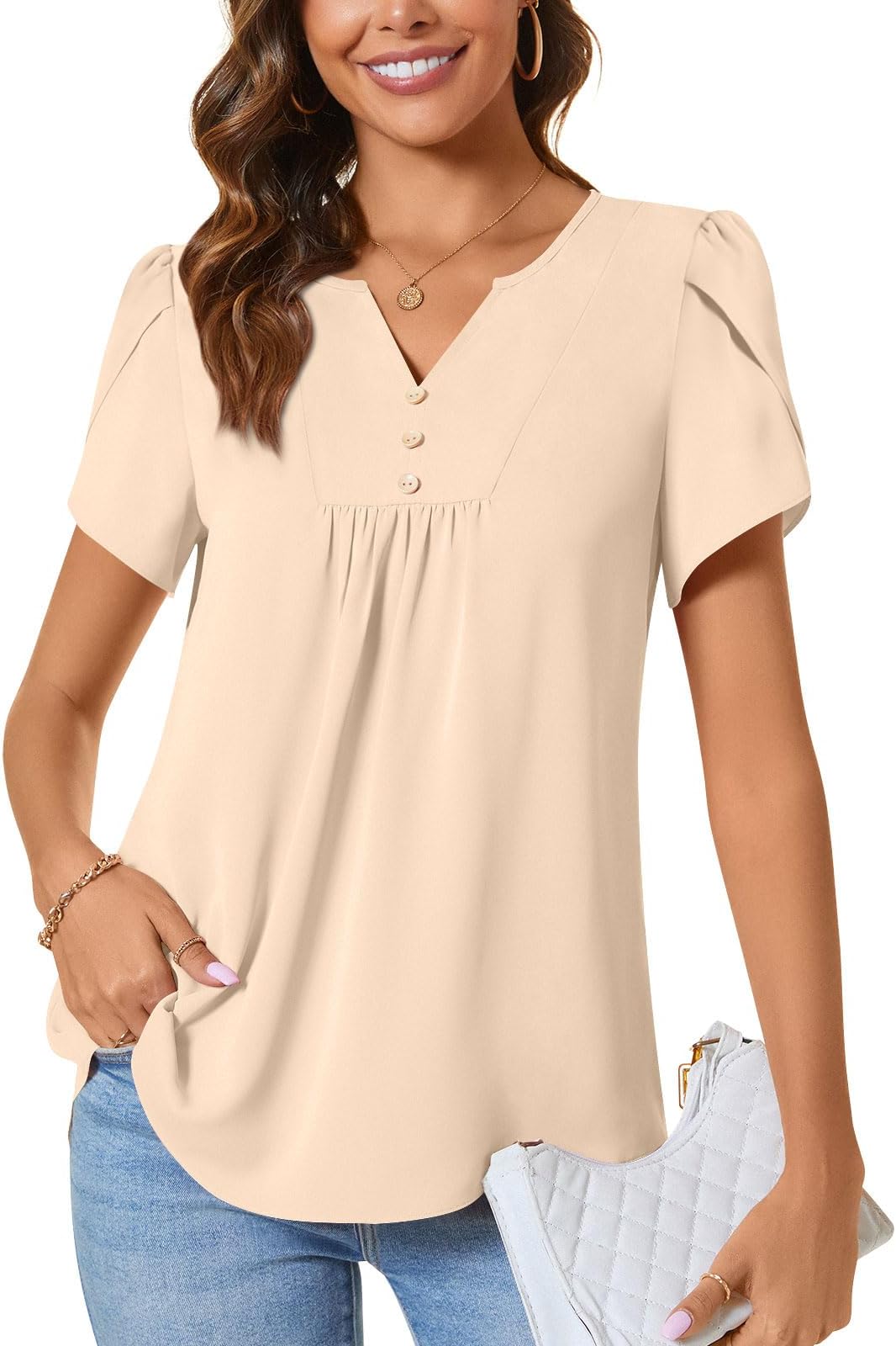 CATHYWomen's Petal Short Sleeve Tunic Tops Dressy Summer Blouses V Neck Button Cute Shirts