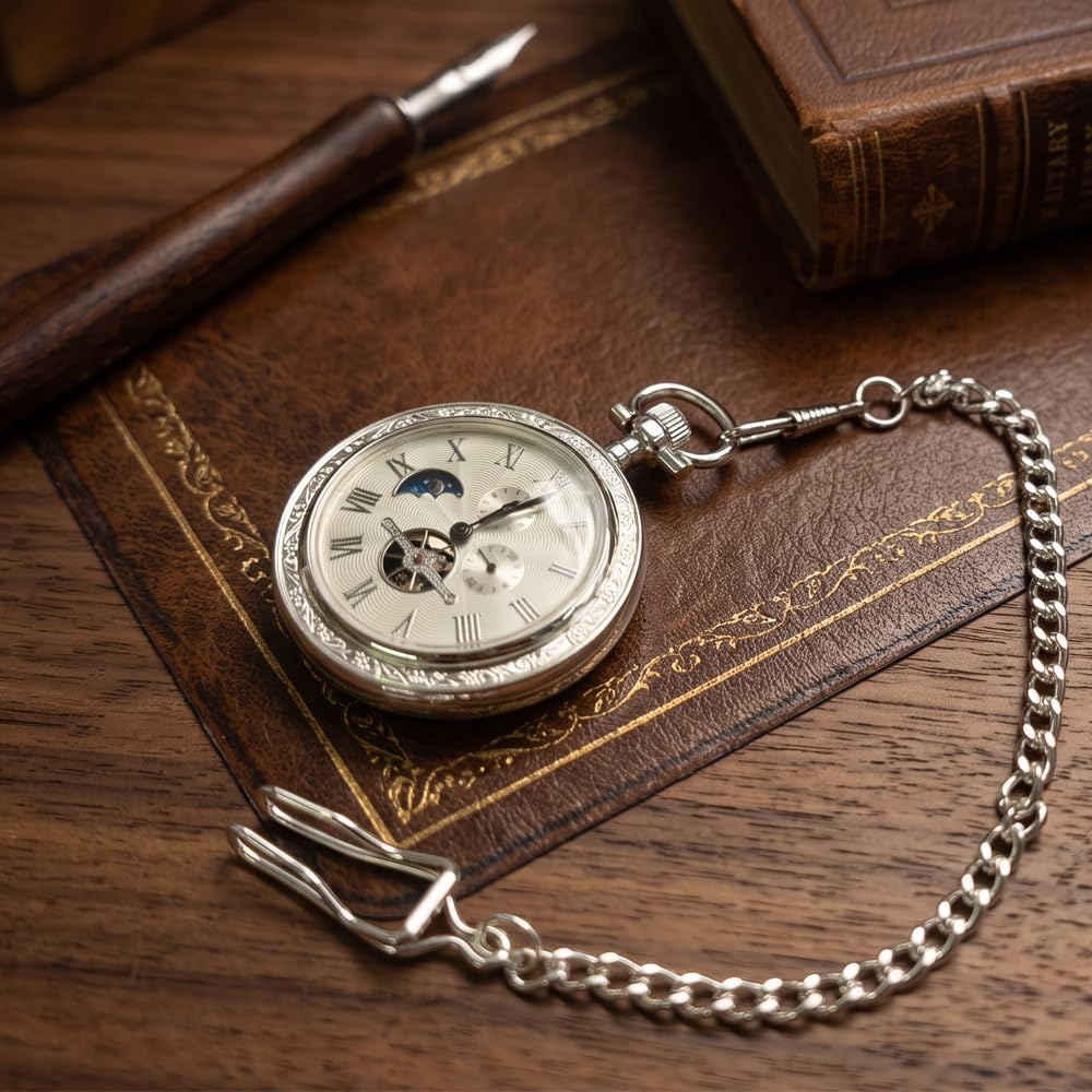 Gendral Forwepup Vintage Mechanical Pocket Watch, Antique Silver, Men | Double-Sided Floral Engraved Case, Single Hunter Skeleton Design, Hand-Winding, 23cm Chain, Gift Box