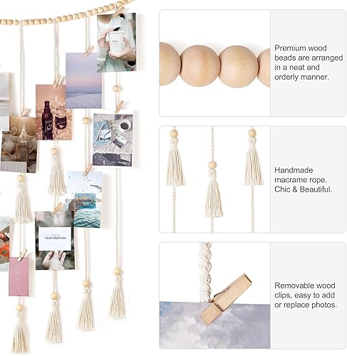 Miniatura 5 de Mkono Macrame Hanging Photo Display Wall Decor with String Lights Boho Room Bedroom Wooden Beads Garland Picture Greeting Cards Holder with 30 Clips