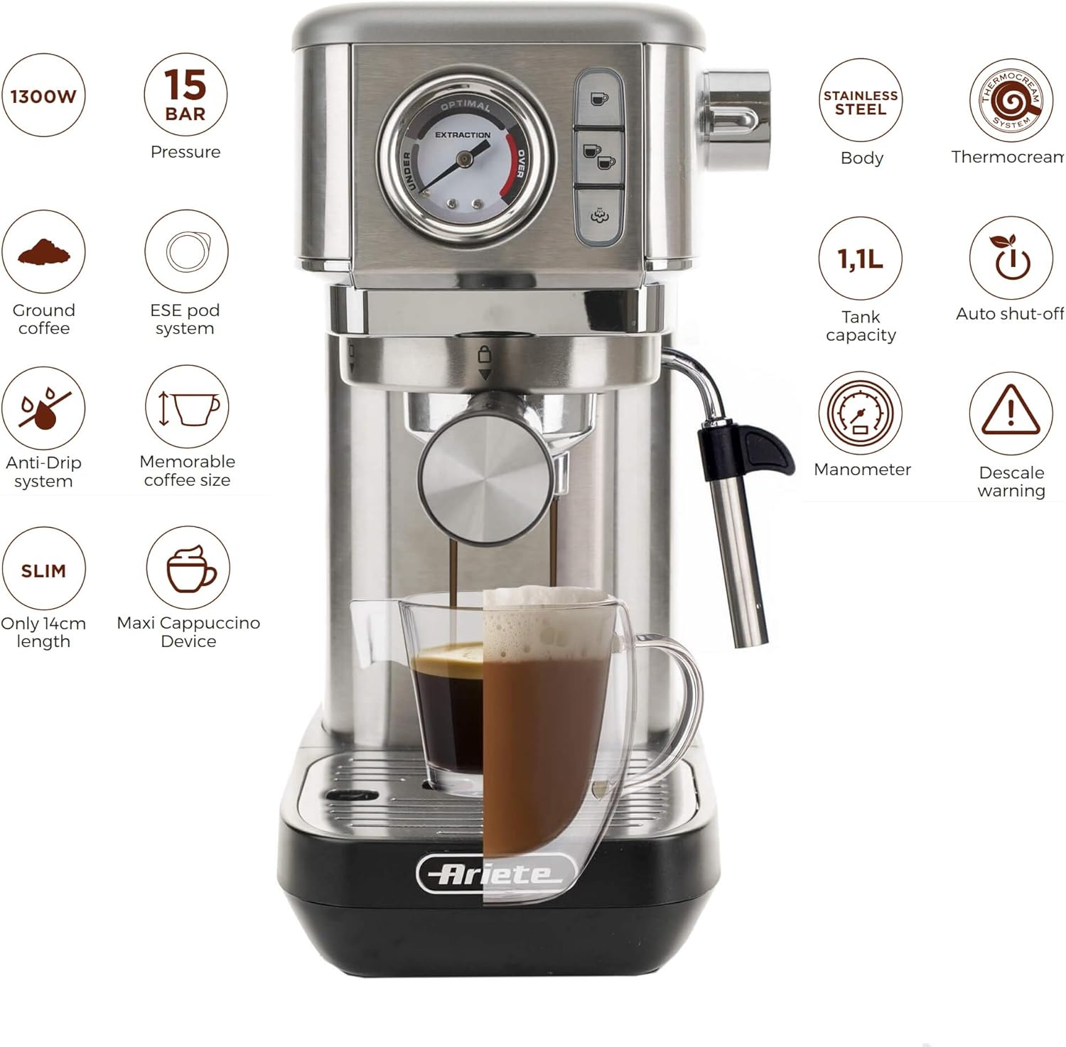 Ariete Espresso Slim Metal 1381, Macchina da Caffè con Manometro, Compatibile con Caffè in Polvere e Cialde ESE, 15 Bar Massime, Filtro 1 o 2 Tazze, Lancia per Cappuccino, 1300W, Silver