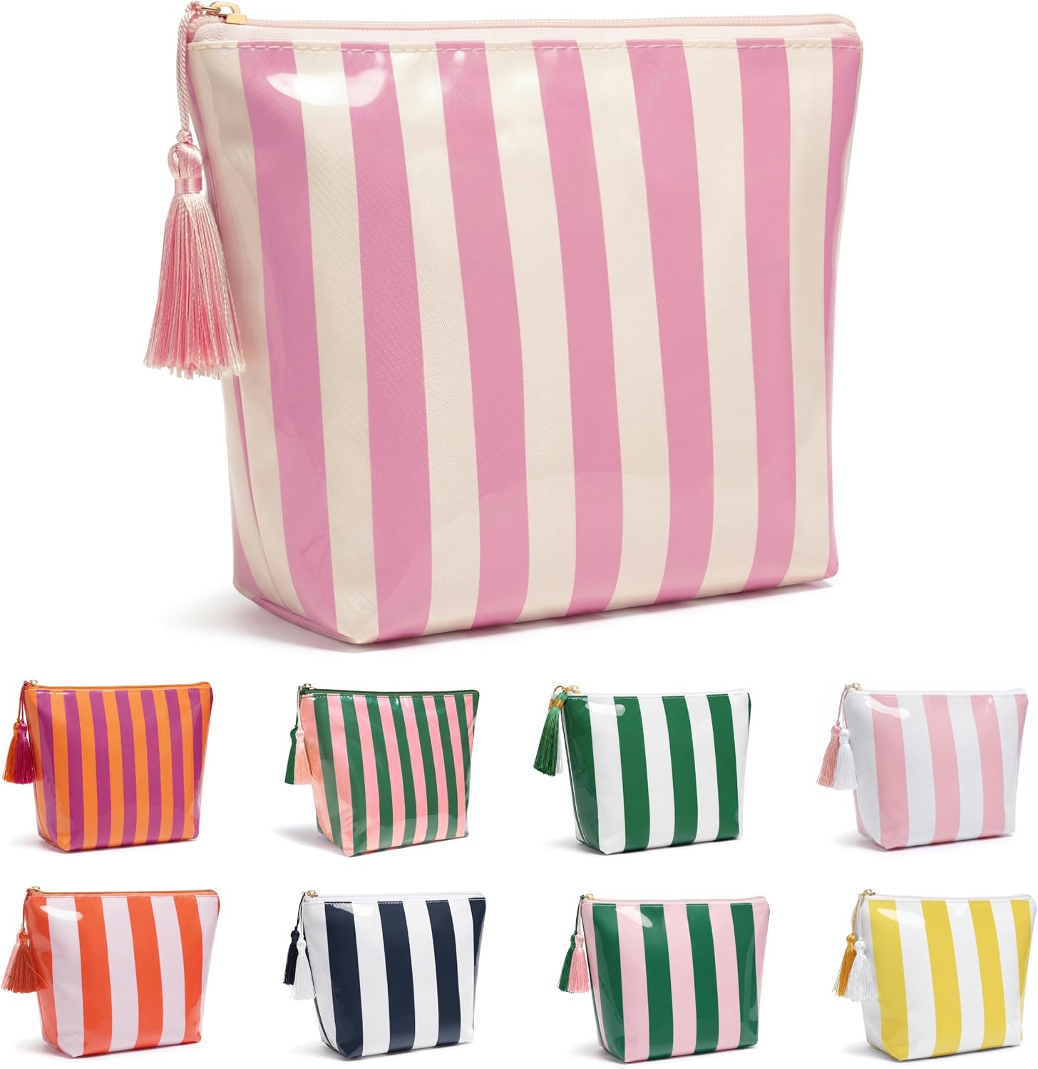 PVC Striped Makeup Bag for Women Girls, Waterproof Makeup Bag for Purse Travel Cosmetic Bag Organizer Tassel Toiletry Bag Large Pool Zipper Pouch Beach Vacation Essentials(Pink Green) image 5
