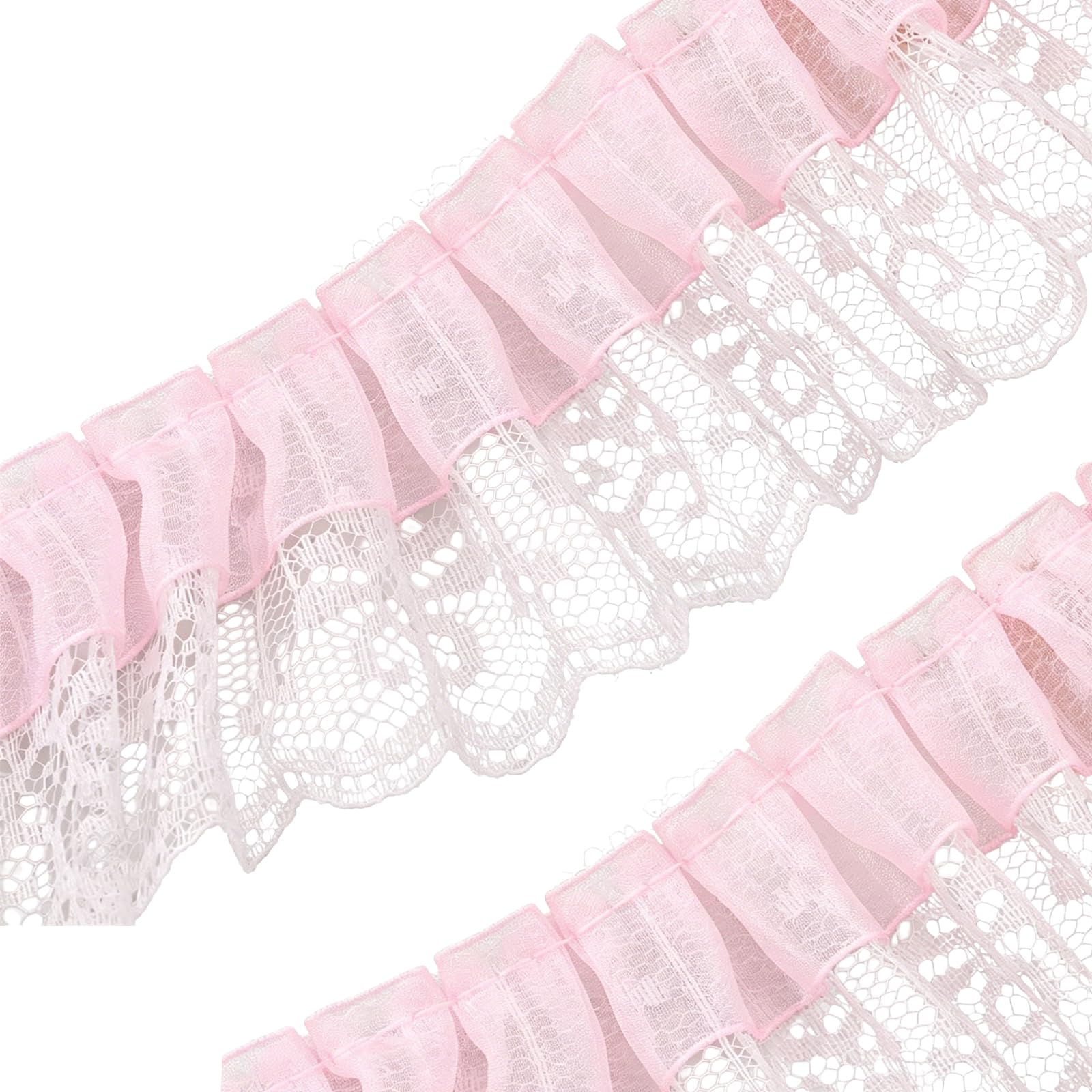 Shensuii 11Yards Pink Lace, Double Layer 5cm Wide Lace Trim, Gathered Tulle Ruffle Fabric Ribbon, Laces Trim for Crafting, Dress Embellishments, Sewing Crafts, Gift Wrapping