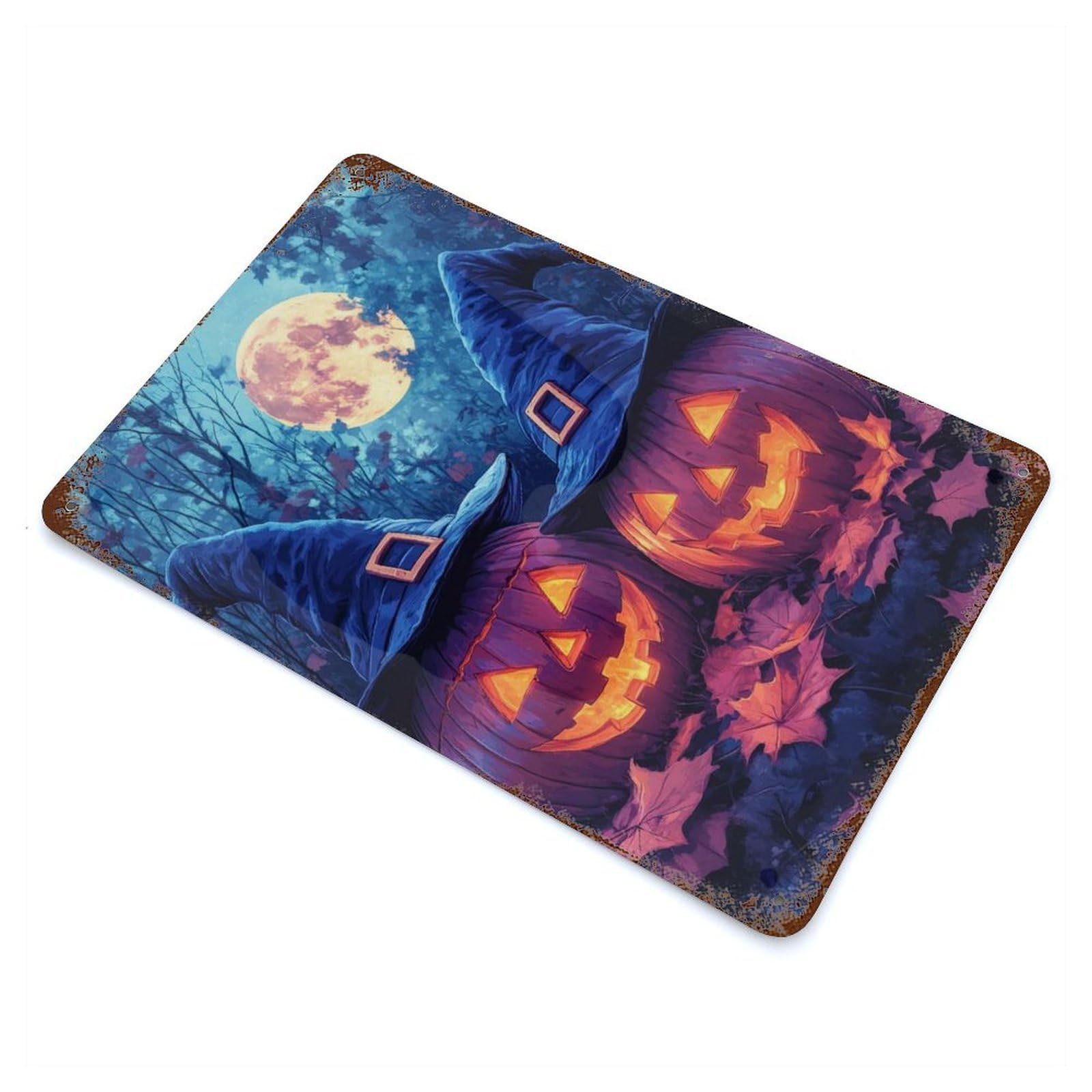 Rust Effect Halloween Pumpkins with Witch Hats Aged Metal Wall Plaque 11.8"x7.9", Rustic Home Decor for Bistro, Counter And Cafe Decor