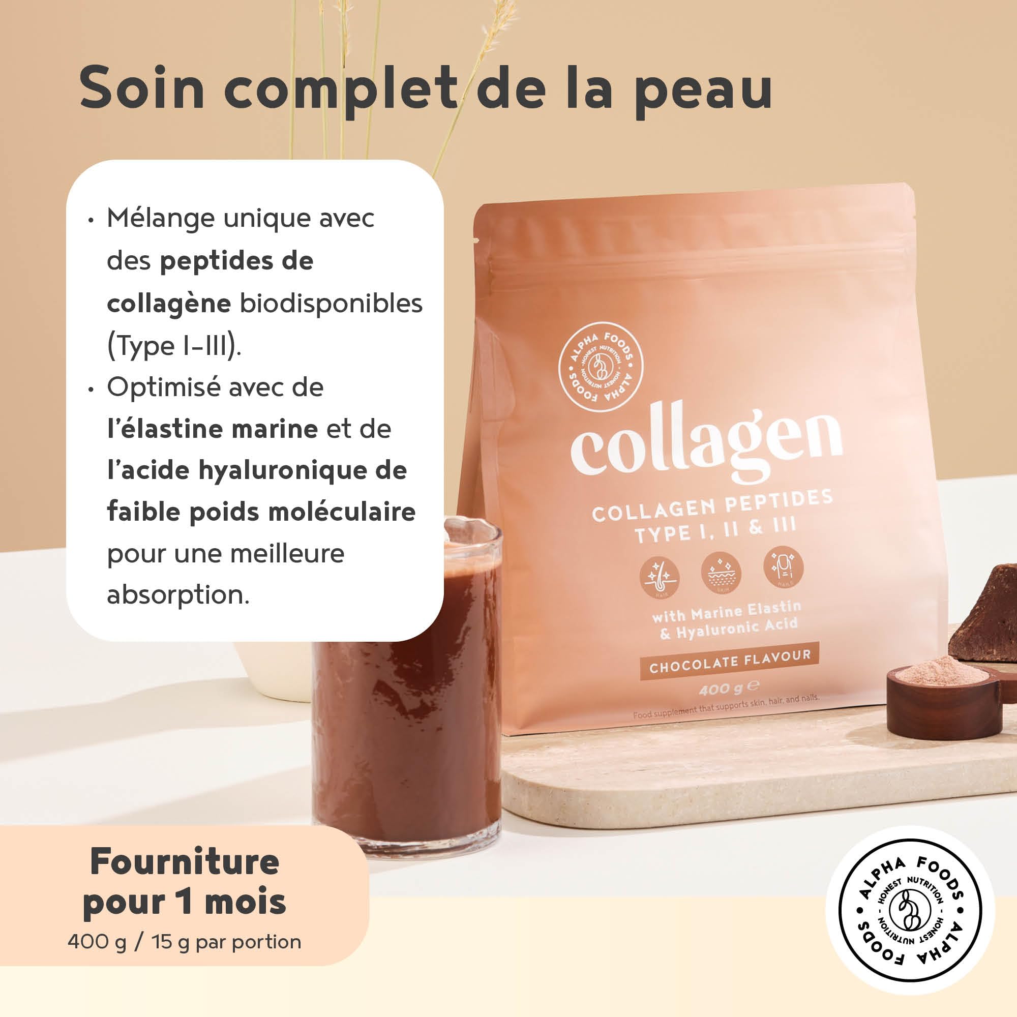 Peptide De Collagene Poudre Type I, II & III + Élastine Marin + Acide Hyaluronique - Collagène Hydrolysé en Poudre Facile à Dissoudre - Chocolat - Alpha Foods