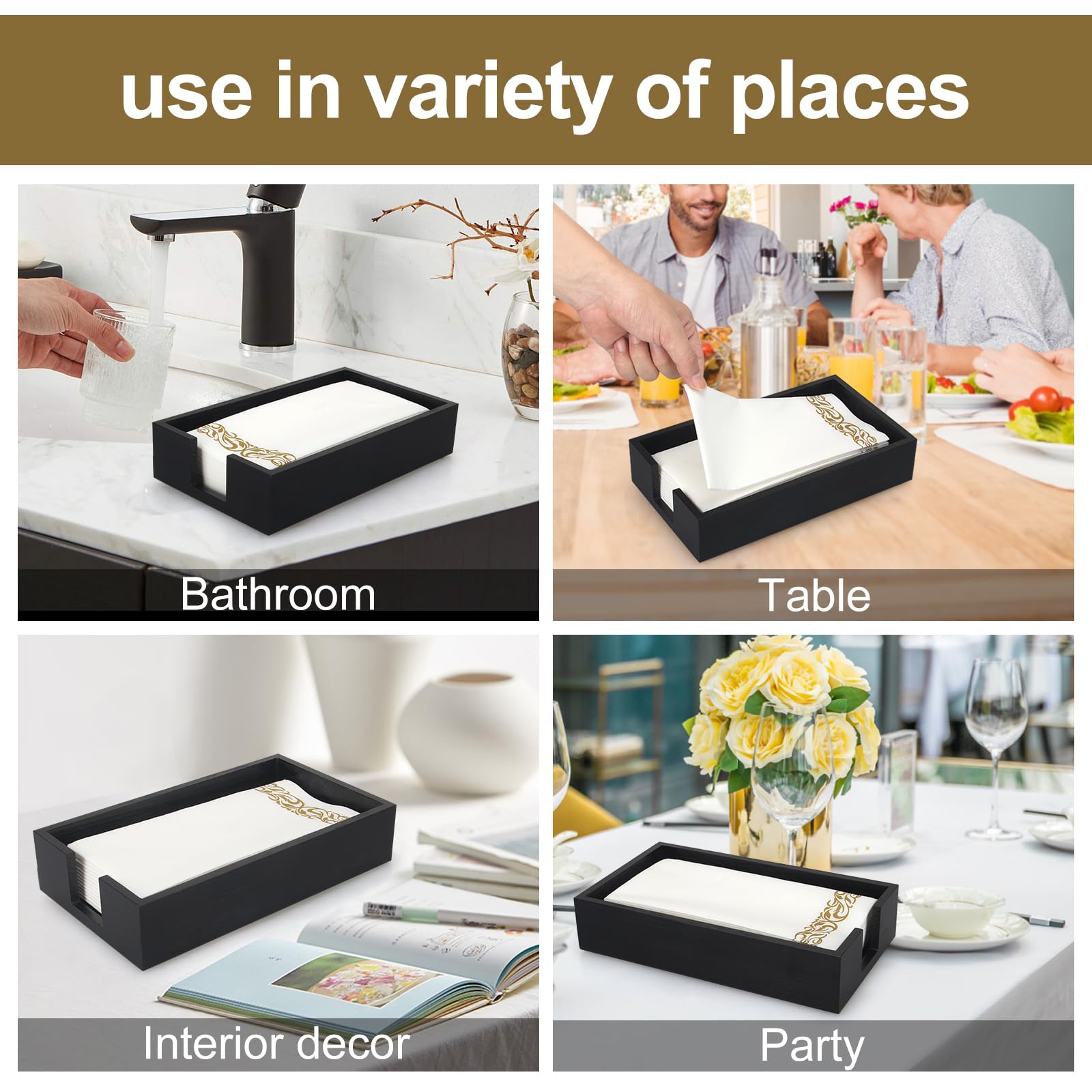 Renawe Moderno servilletero plano de madera de pino negro para mesa, cocina, baño, bandeja multiusos para servilletas de toalla de invitados, soporte desechable para toallas de mano