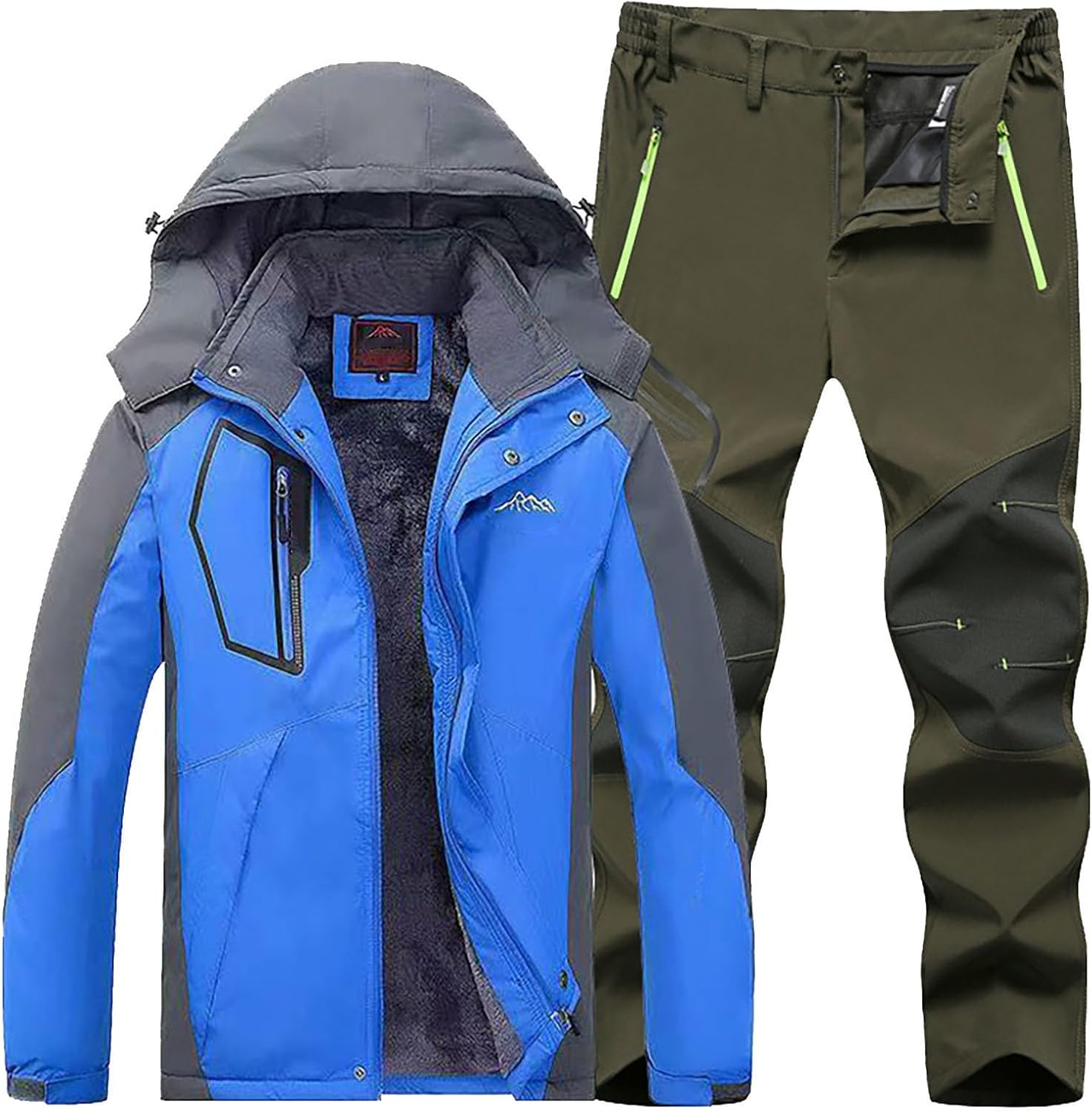 ZYXTIM Mens Winter Snowsuit Waterproof Windproof Hooded Jacket Cargo Work Pants Sets Oversize Warm Insulated Hiking Tracksuit