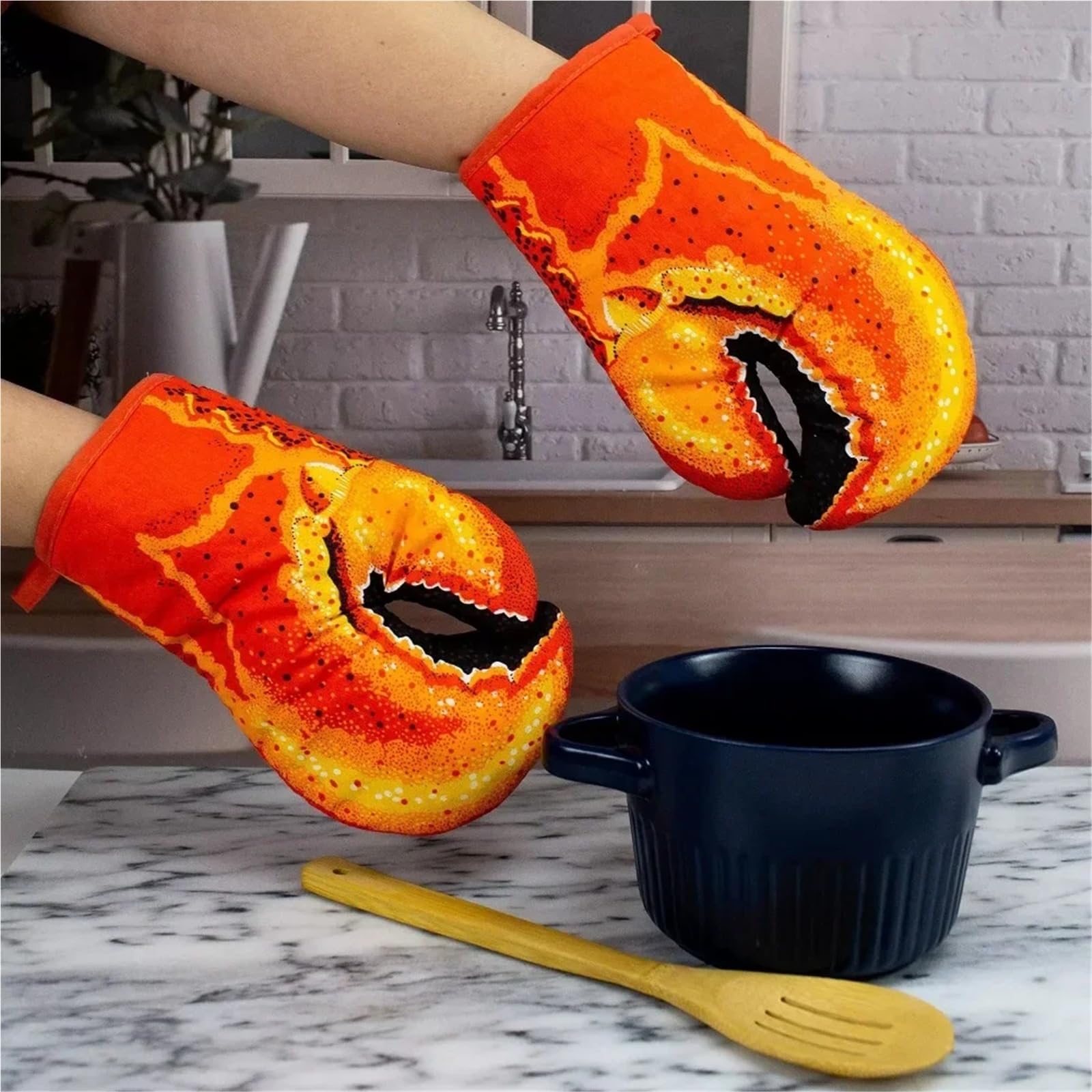 Gants de Four Longs en Coton à Griffes de Homard, Gants isolants antidérapants résistants à la Chaleur for la Cuisine, la Cuisson au Micro-Ondes(2PCS)