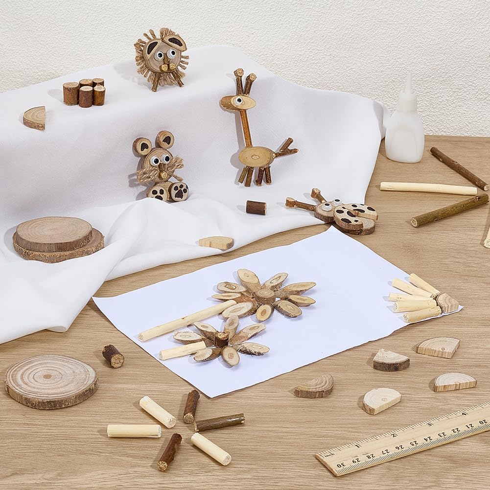 PH PandaHall Handmade DIY Wood Craft Kits, Wooden Unfinished Craft Kits Natural Wood Slices Loose Part Play DIY Slices Kit for Dollhouse Painting Sorting Activities School Projects