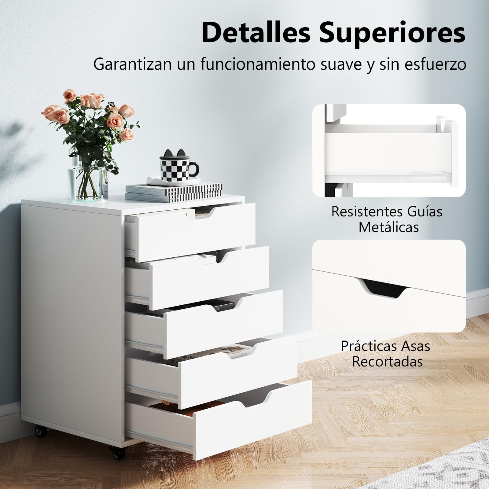 COSTWAY Cajonera de Oficina con 5 Cajones, Mueble Archivador con Ruedas, Soporte para Impresora, Archivador para Carta/A4/F4, Armario de Almacenamiento Multifuncional para Casa Oficina (Blanco)