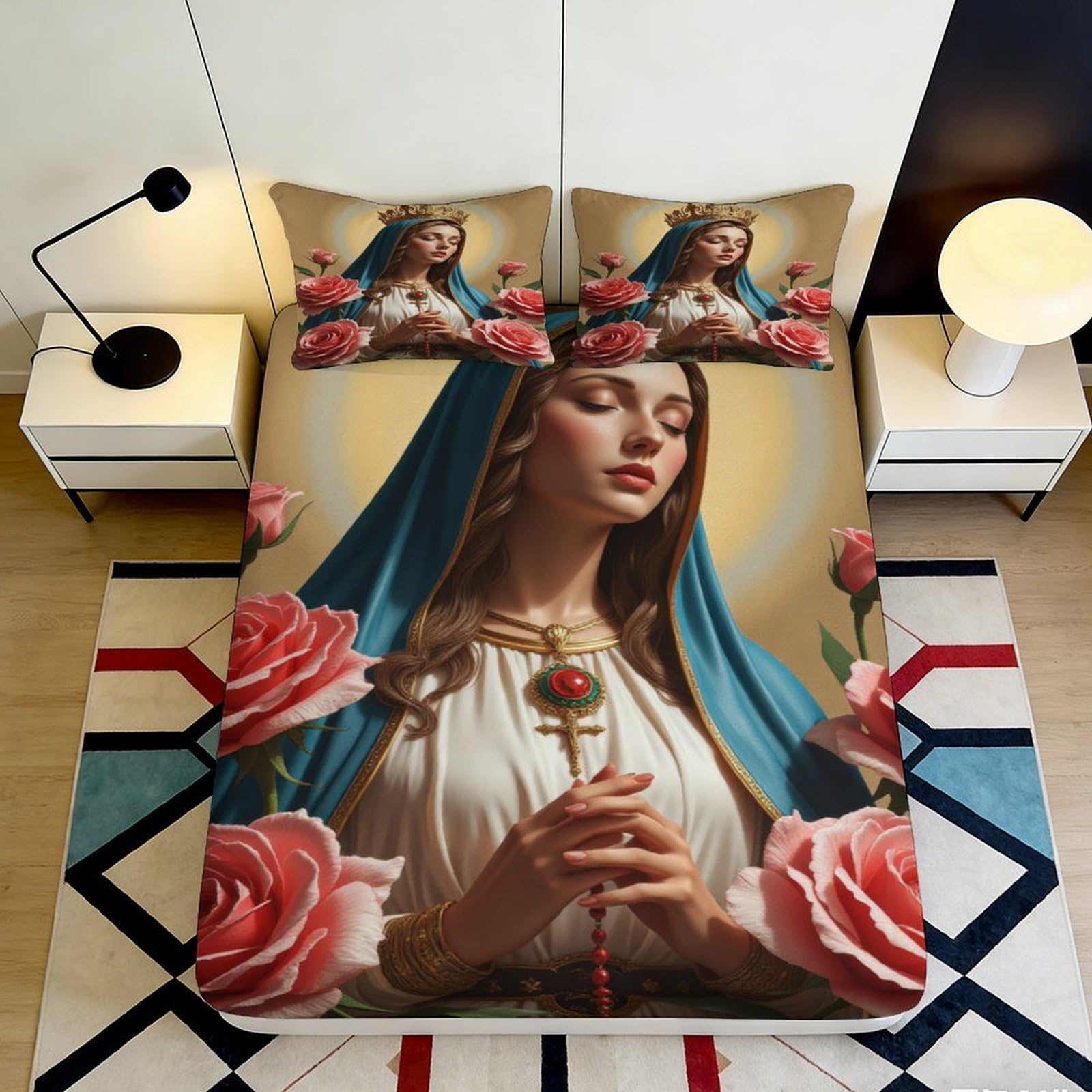 3D Printed Virgin Mary Rose Fitted Sheet Microfiber Non Slip Mattress Cover Bedroom Decor Machine Washable 120x200x25cm
