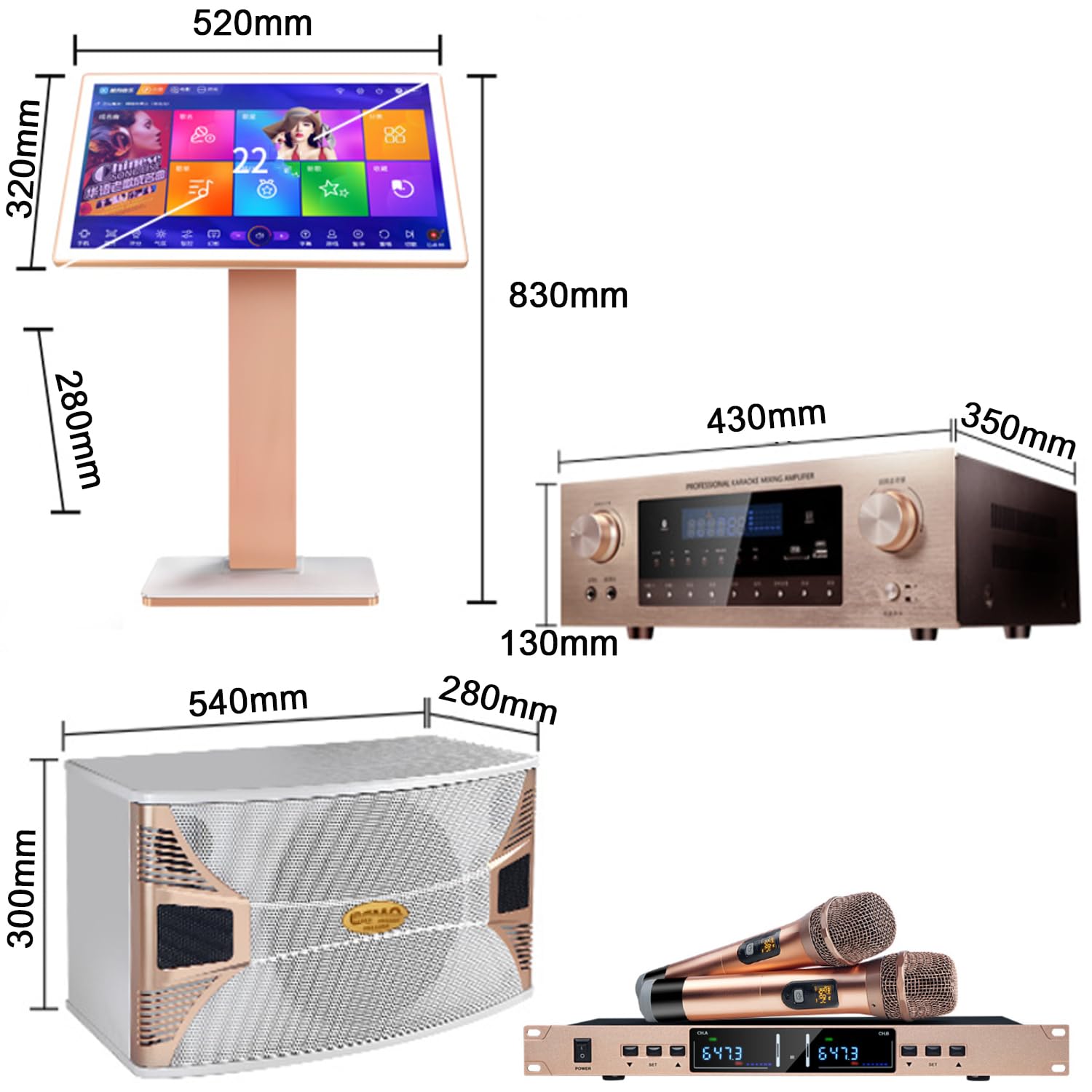 Nowa maszyna do karaoke, z 2 bezprzewodowymi mikrofonami pogłosu, ekran 55.9 cm 4K HD, 27 języków i żądania utworów głosowych, z profesjonalnym dźwiękiem 25.4 cm, wzmacniaczem mocy 550 W, z