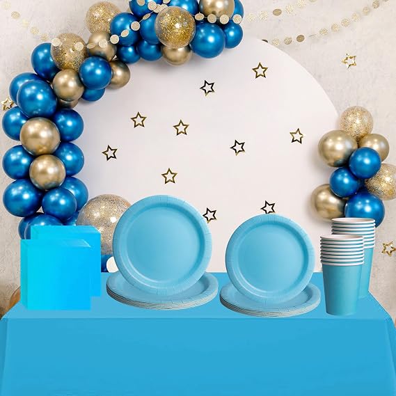 69pcs Blue Disposable Tableware Set - 20 Napkins, 16 Cups, 16pcs 7inch and 9inch Plates, 1pcs Blue Tablecloths | Biodegradable Dinnerware for Birthdays, Weddings, Kids Adult Christmas Party